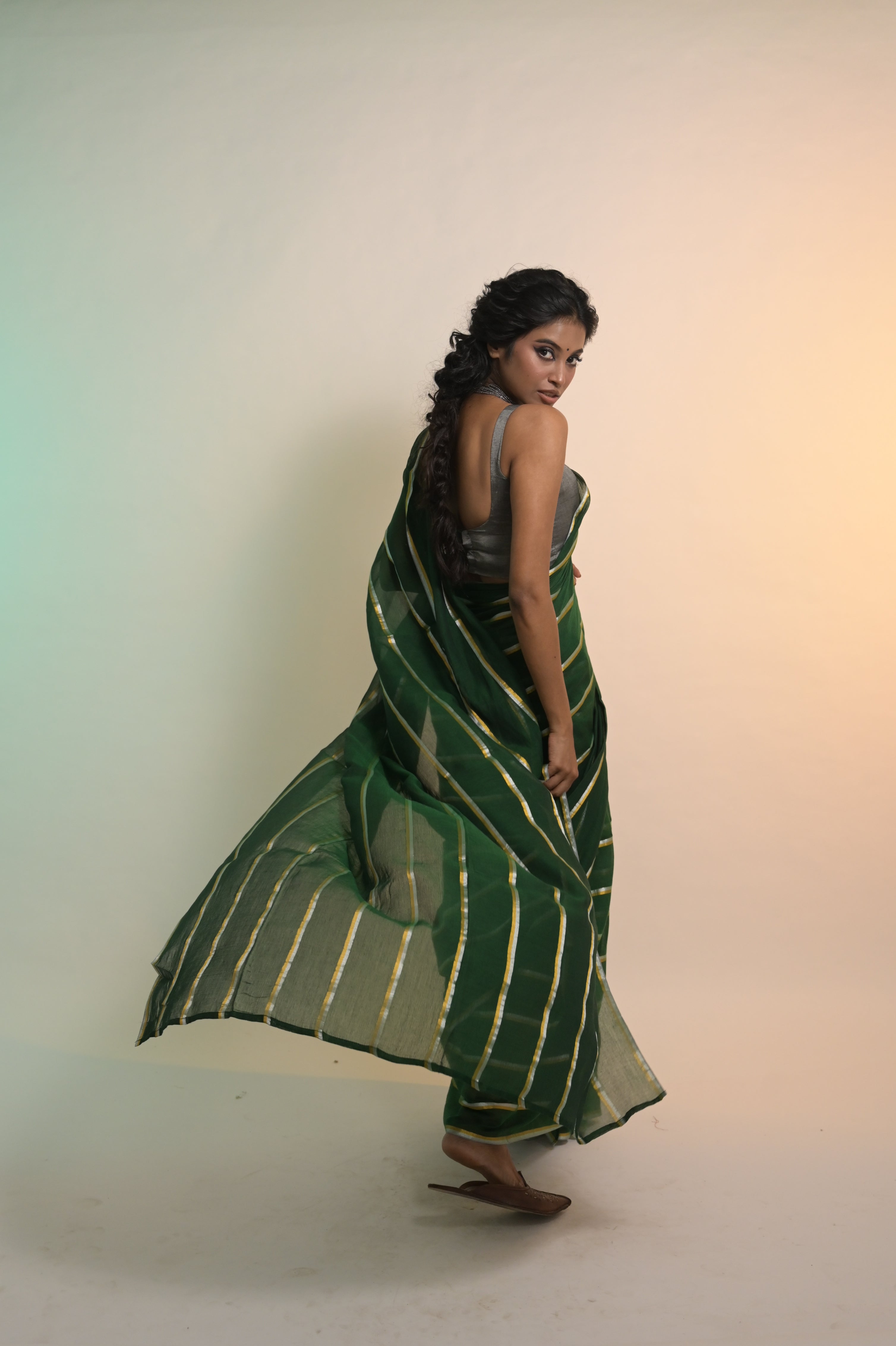 Raagvi I Green Handloom Mul Cotton Saree with Zari Stripes