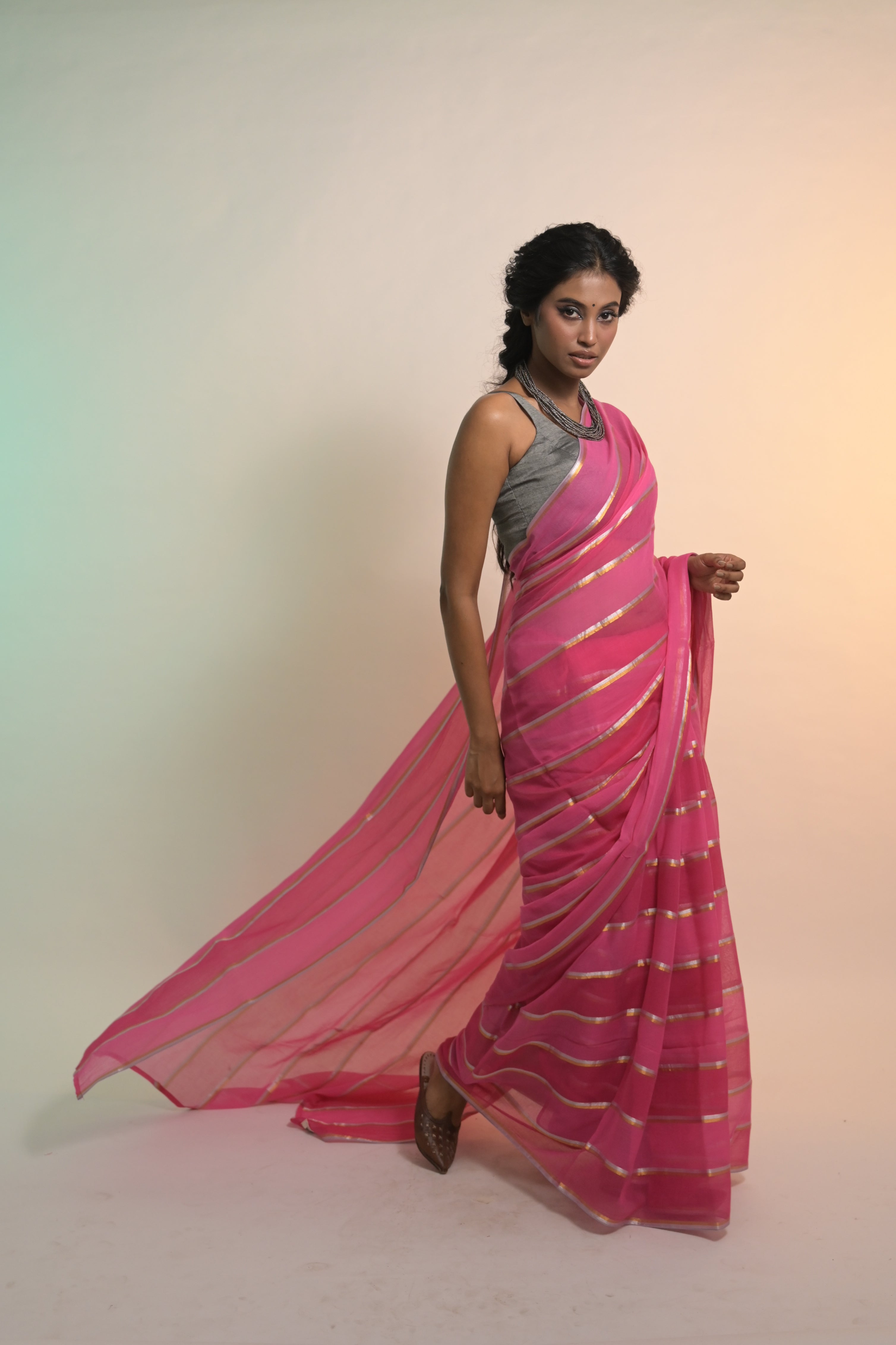 Pankhuri I Red and Pink Handloom Mul Cotton Saree with Zari Stripes
