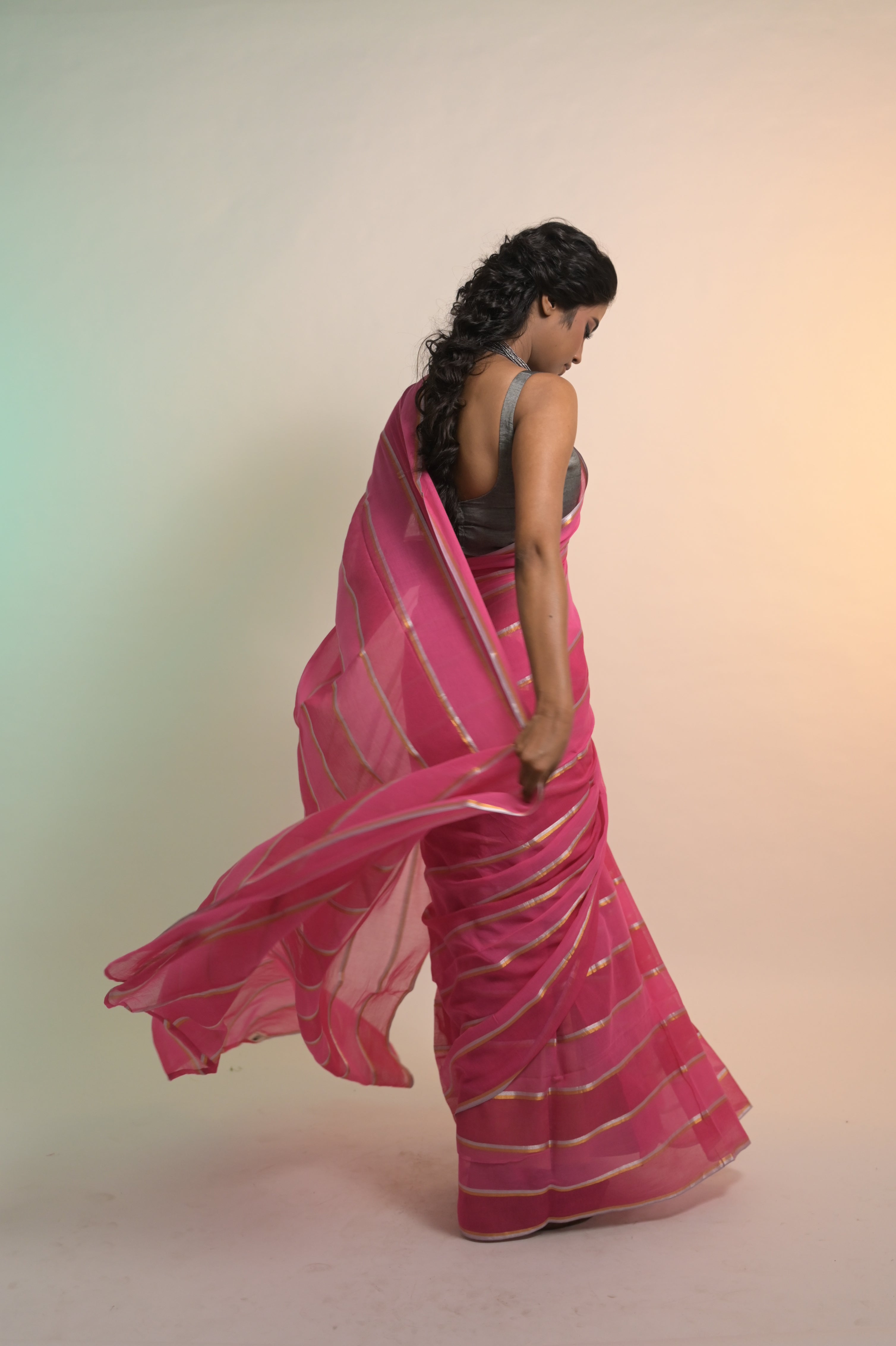 Pankhuri I Red and Pink Handloom Mul Cotton Saree with Zari Stripes