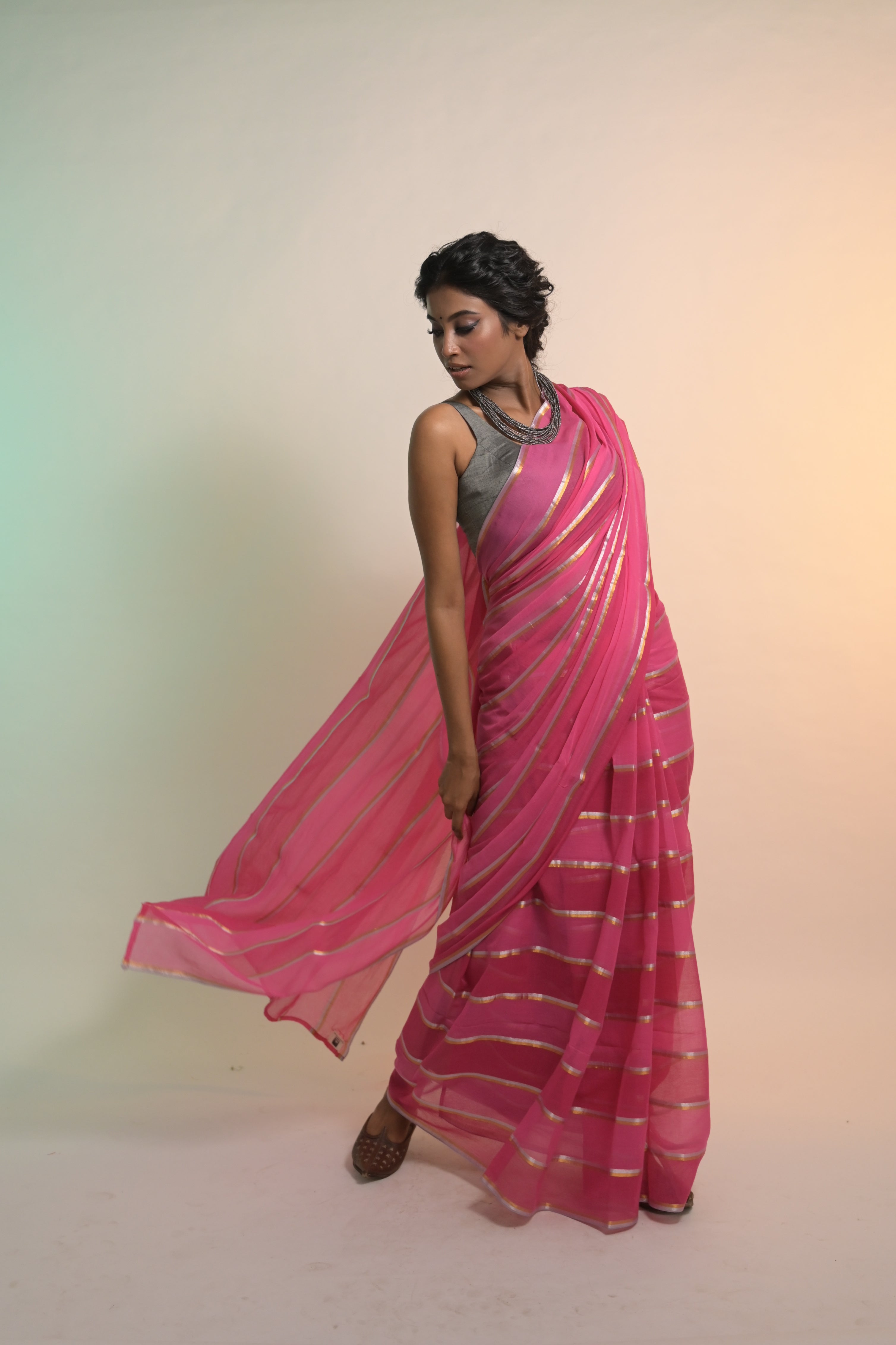 Pankhuri I Red and Pink Handloom Mul Cotton Saree with Zari Stripes
