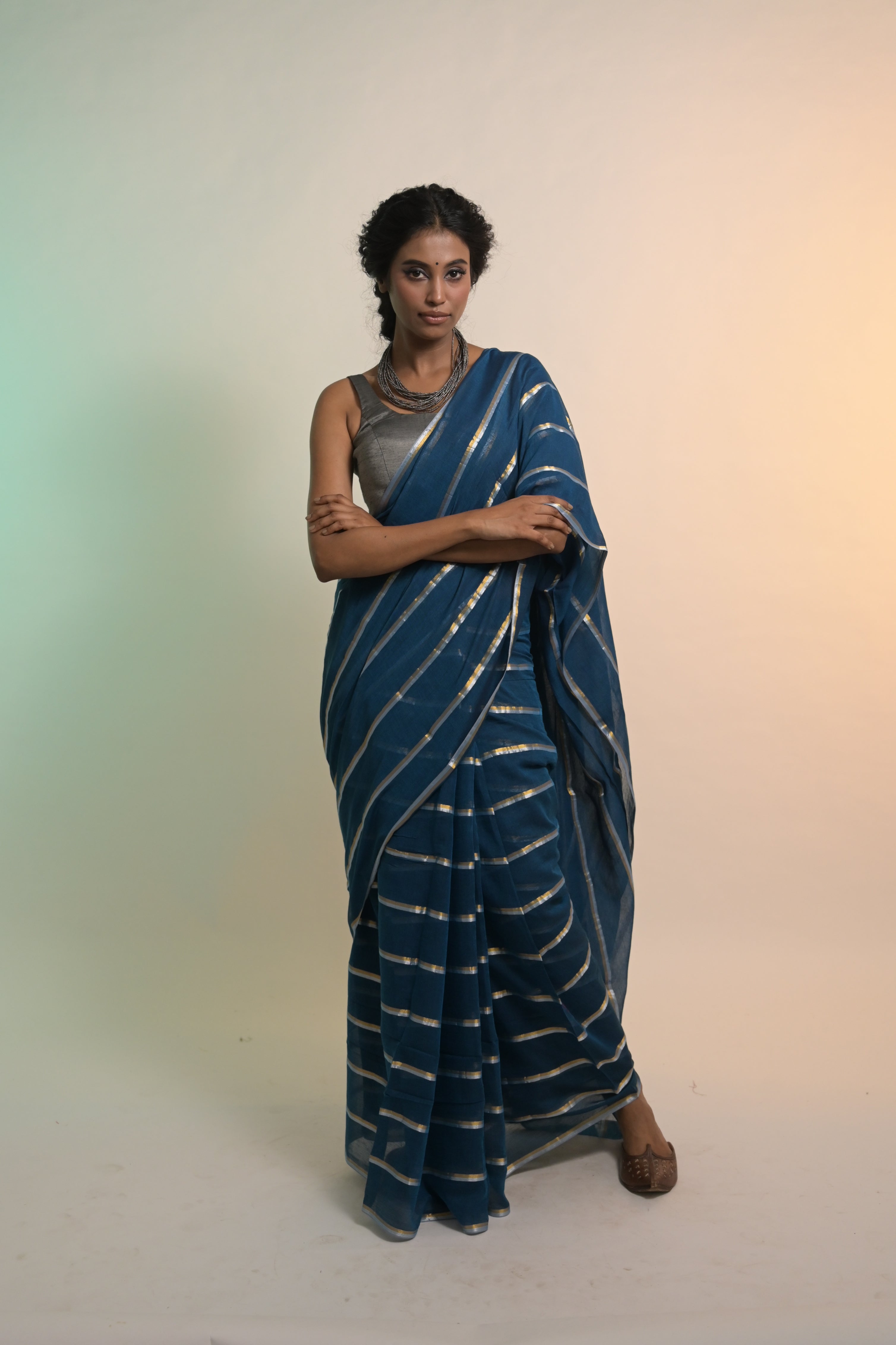 Yashini I Blue Handloom Mul Cotton Saree with Zari Stripes