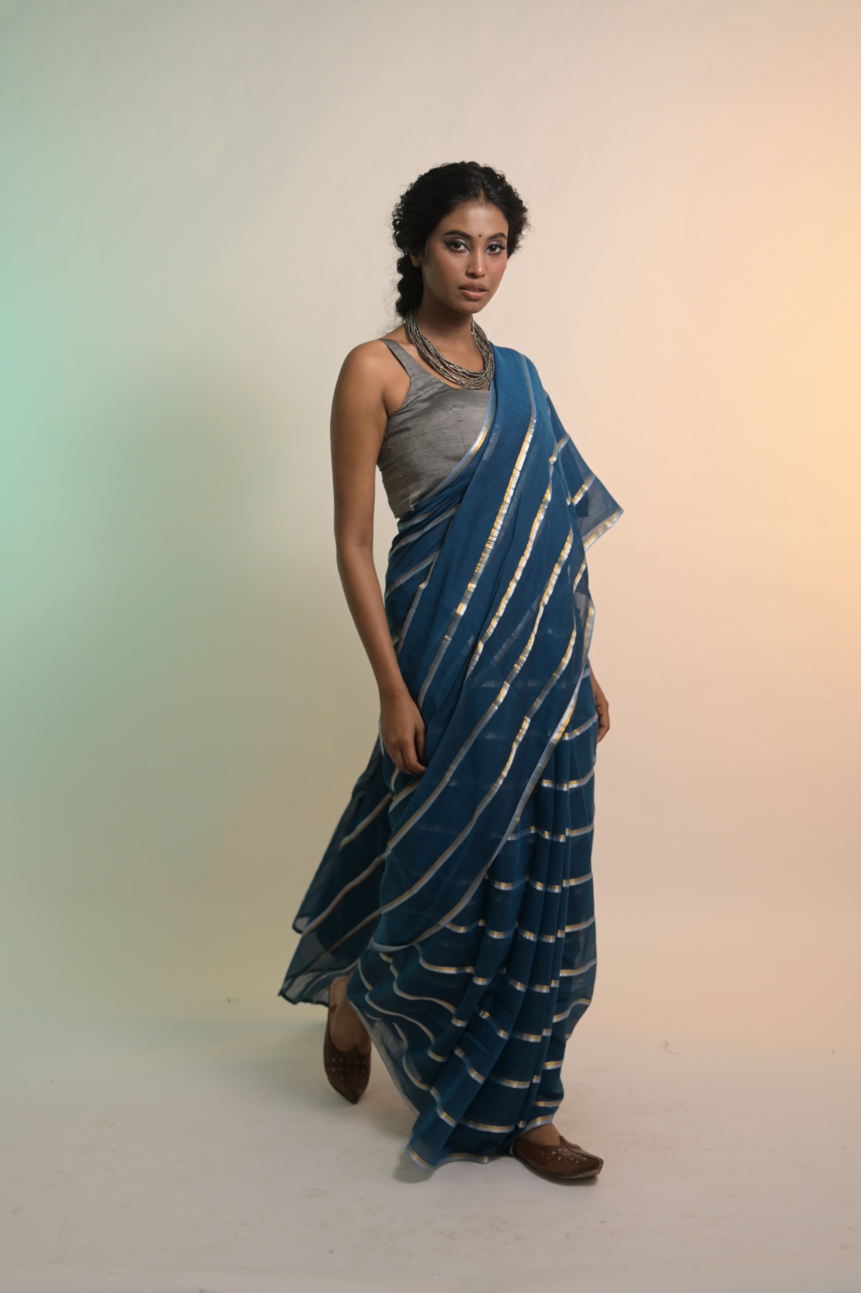 Yashini I Blue Handloom Mul Cotton Saree with Zari Stripes