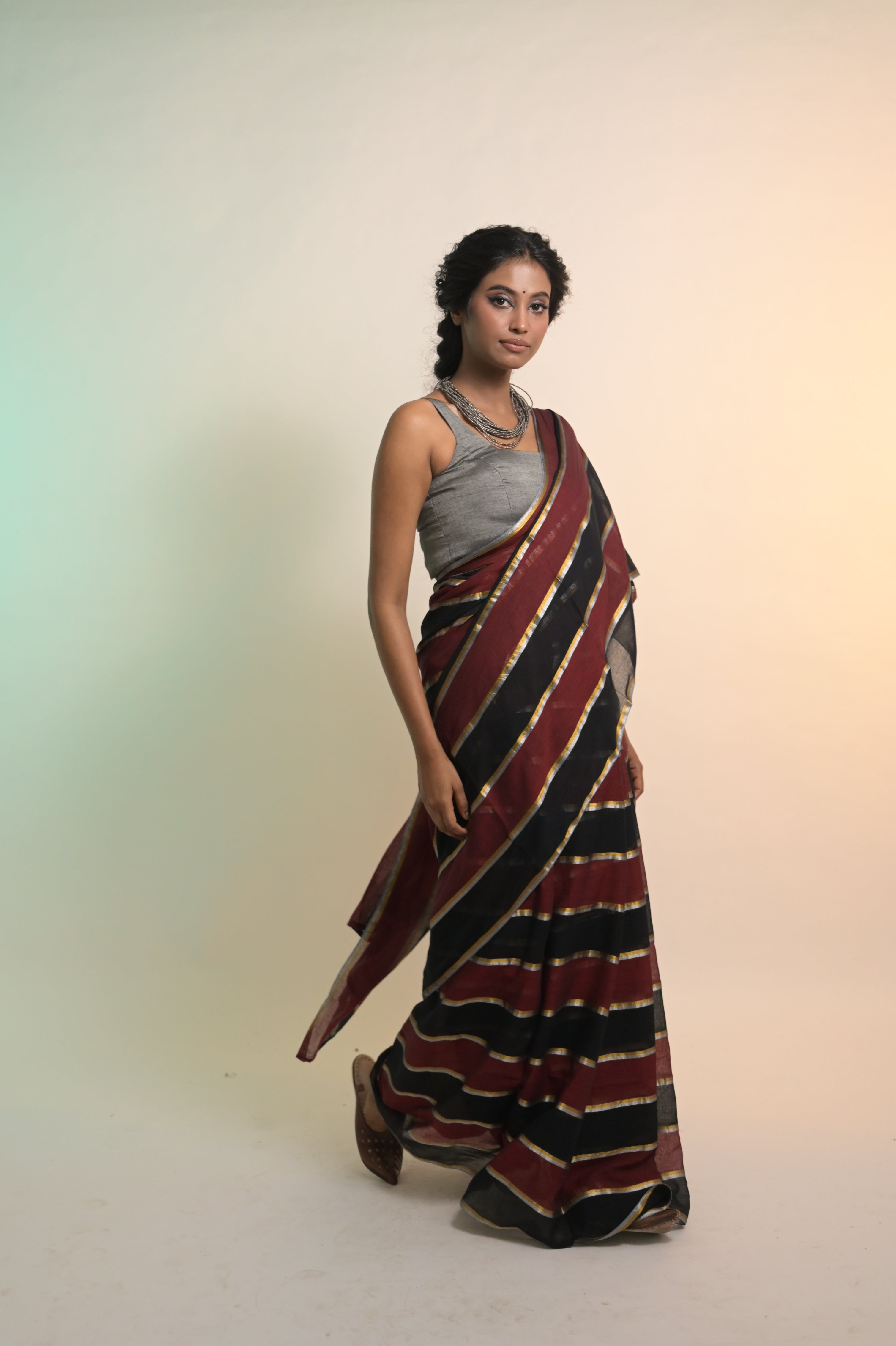 Kaashni I Maroon and Black Handloom Mul Cotton Saree with Zari Stripes