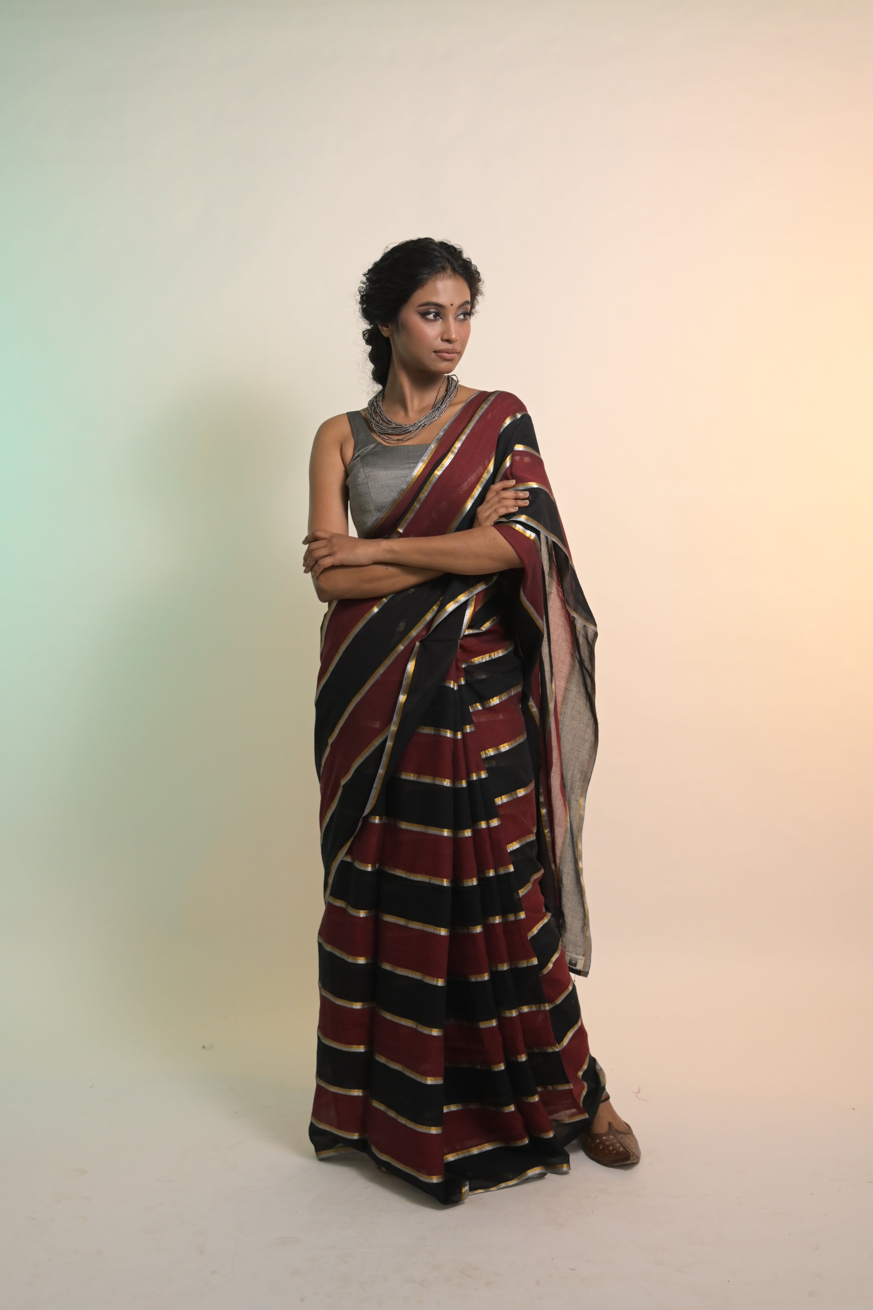 Kaashni I Maroon and Black Handloom Mul Cotton Saree with Zari Stripes