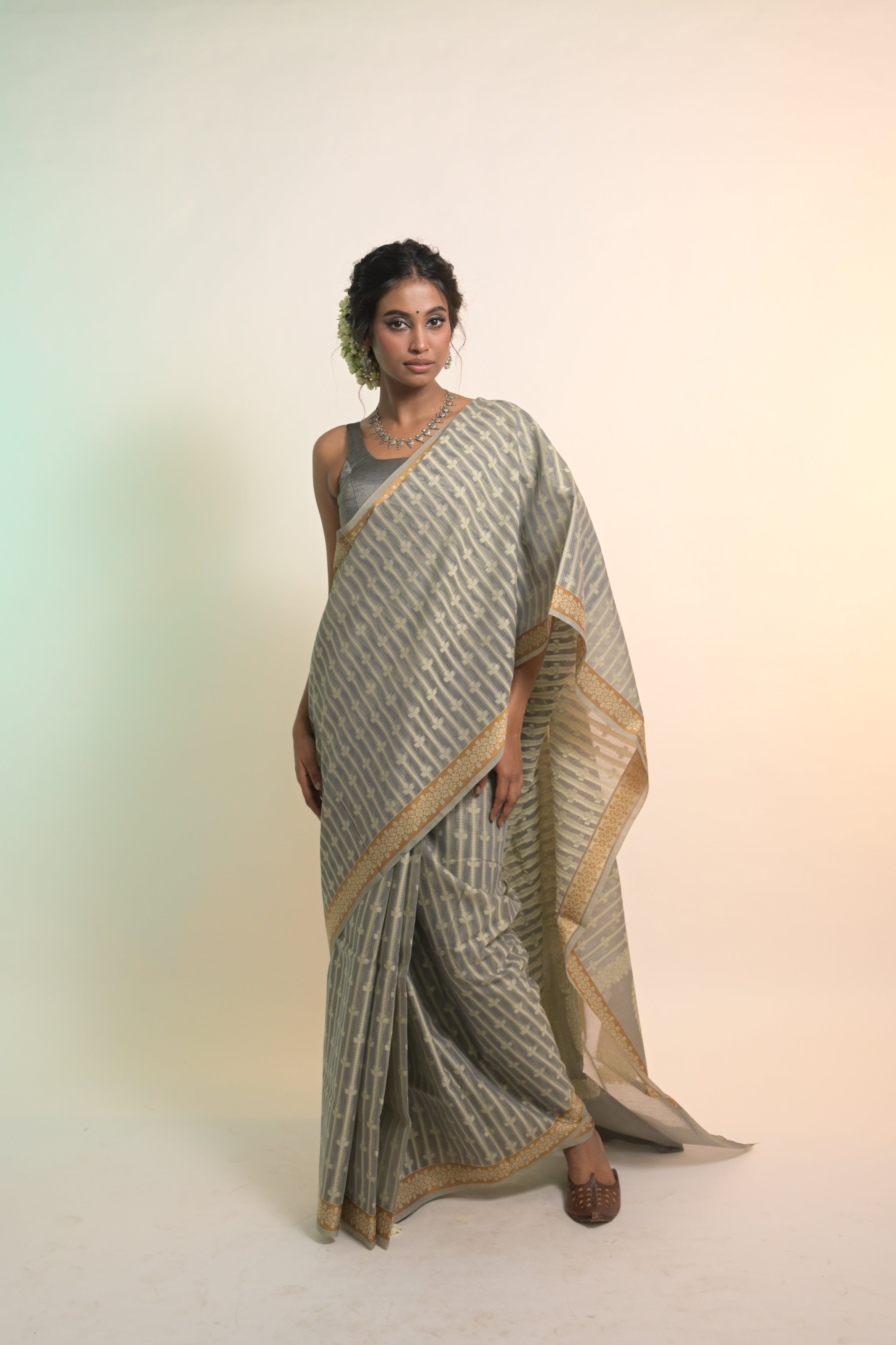 Nivaah I Grey Handloom Cotton Banarasi Saree with Floral Border and striped leave vines