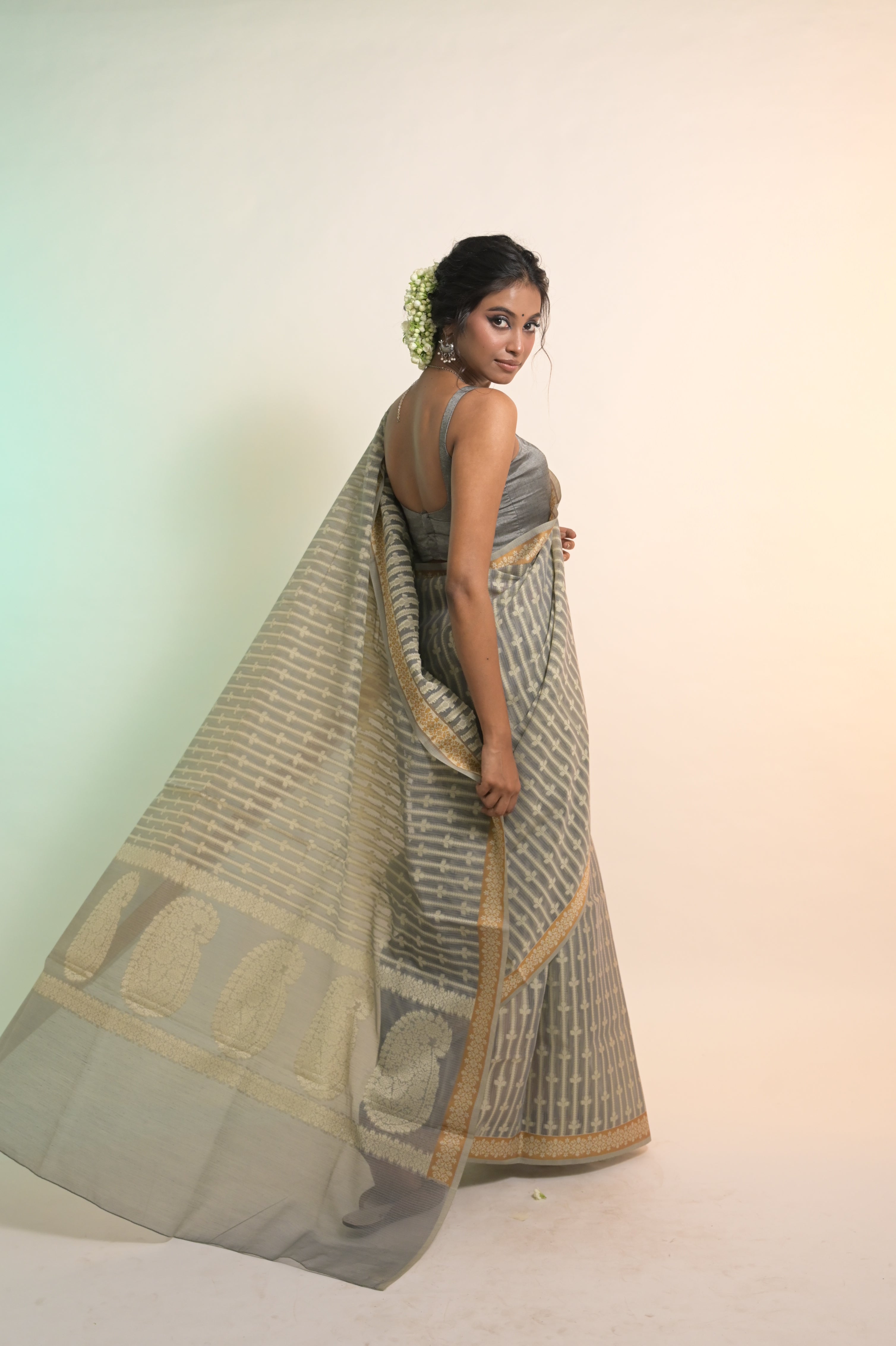 Nivaah I Grey Handloom Cotton Banarasi Saree with Floral Border and striped leave vines