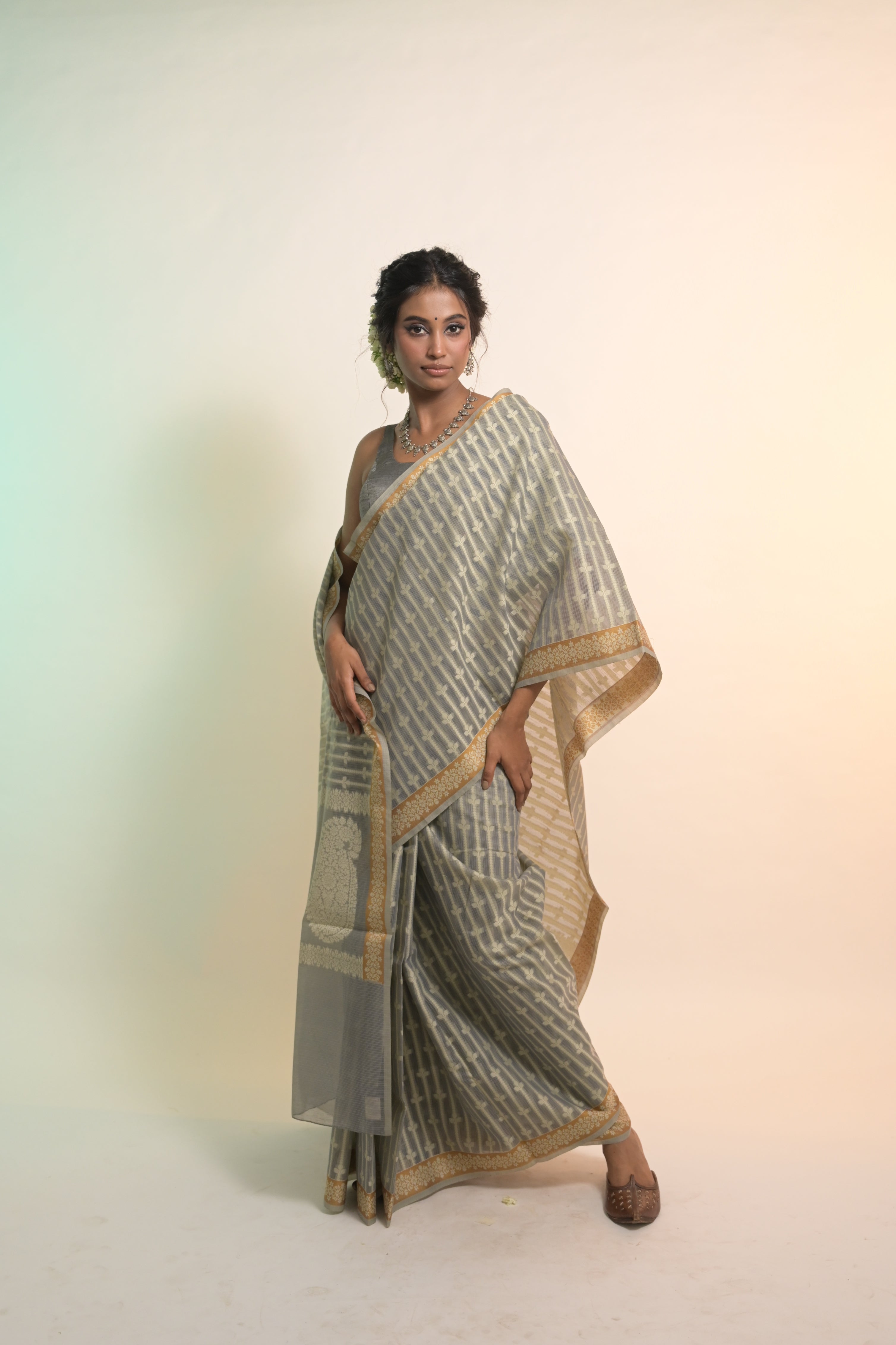 Nivaah I Grey Handloom Cotton Banarasi Saree with Floral Border and striped leave vines