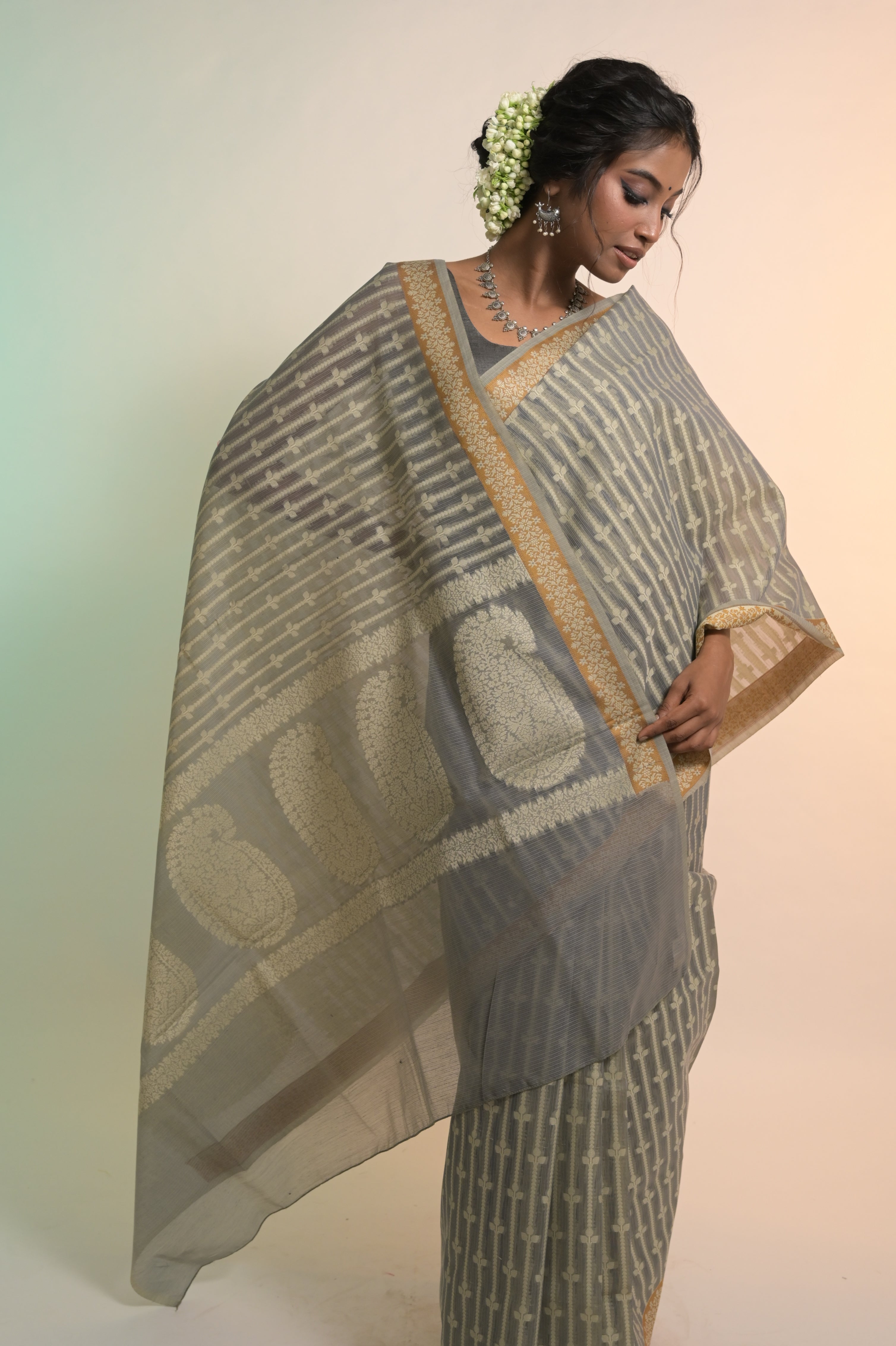 Nivaah I Grey Handloom Cotton Banarasi Saree with Floral Border and striped leave vines