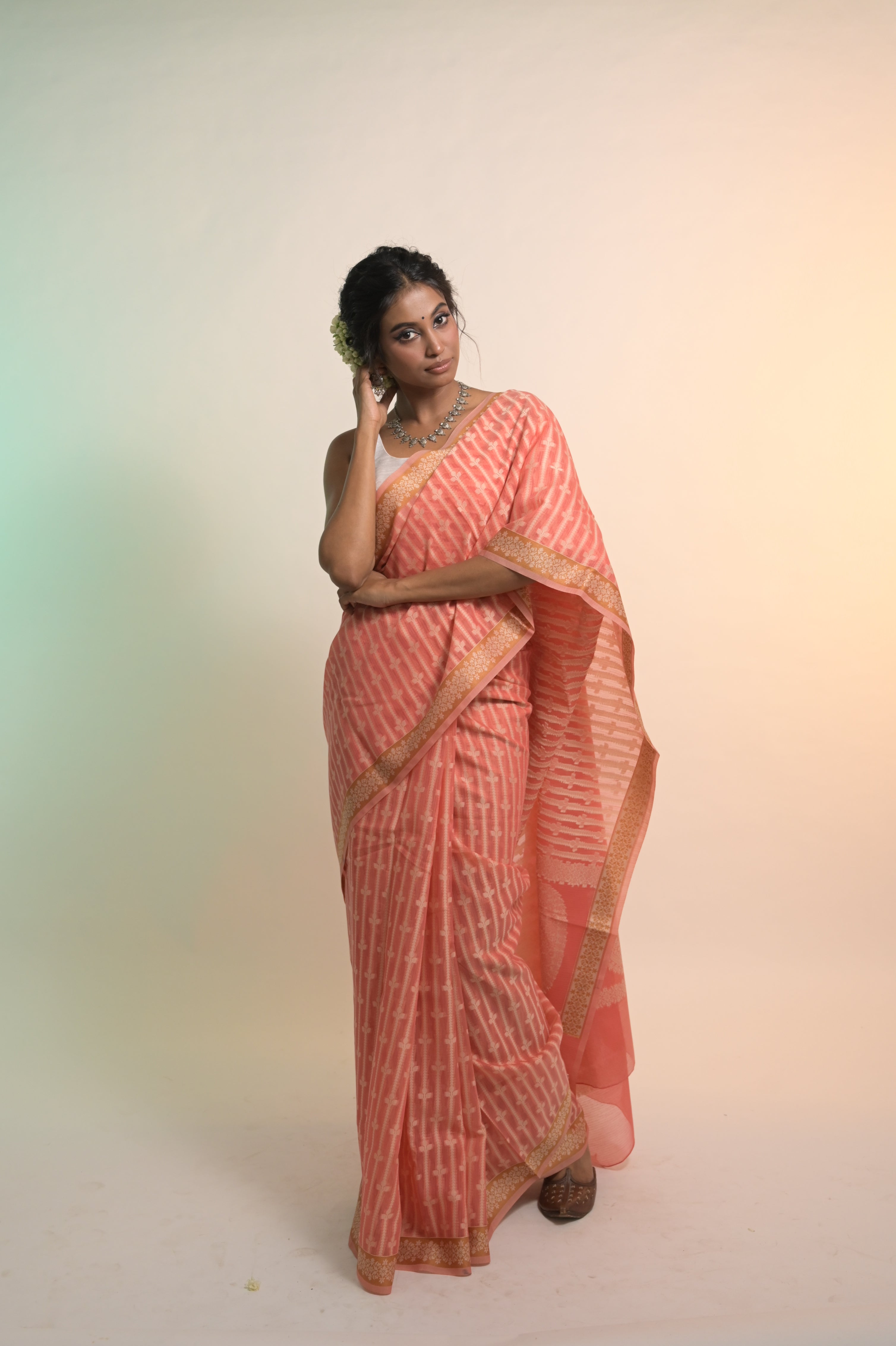 Tattva I Coral Handloom Cotton Banarasi Saree with Floral Border and striped leave vines