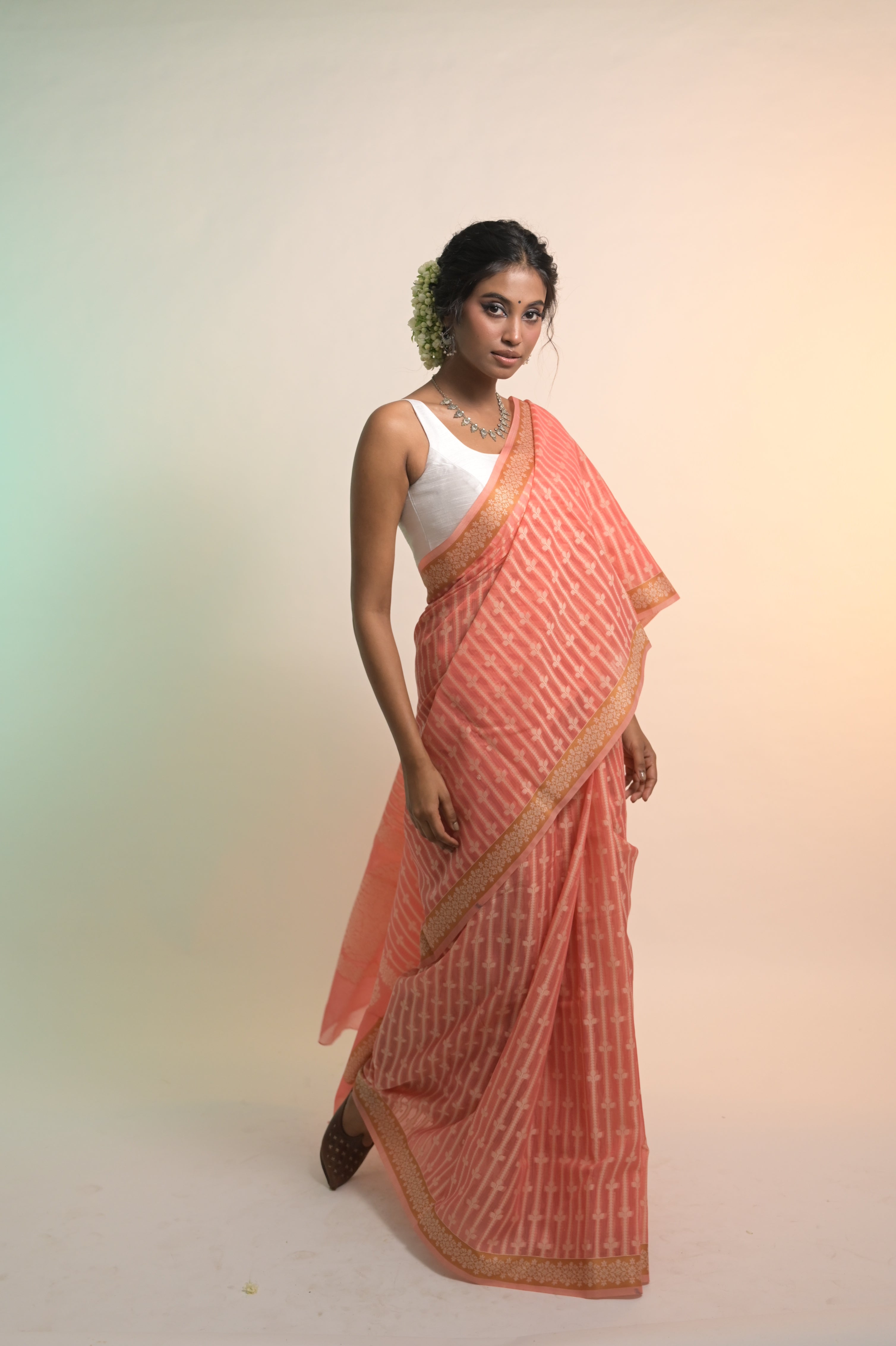 Tattva I Coral Handloom Cotton Banarasi Saree with Floral Border and striped leave vines