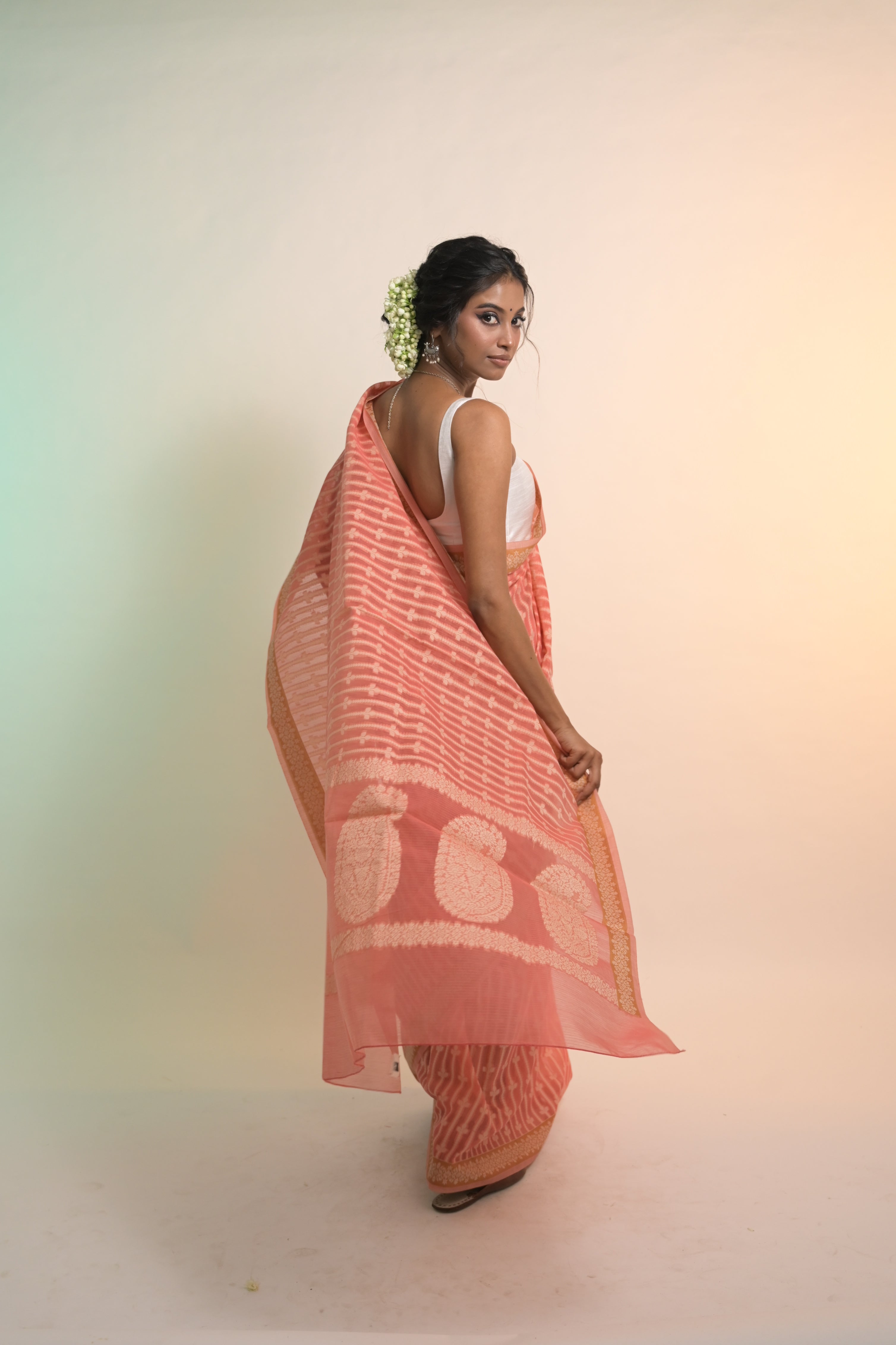 Tattva I Coral Handloom Cotton Banarasi Saree with Floral Border and striped leave vines