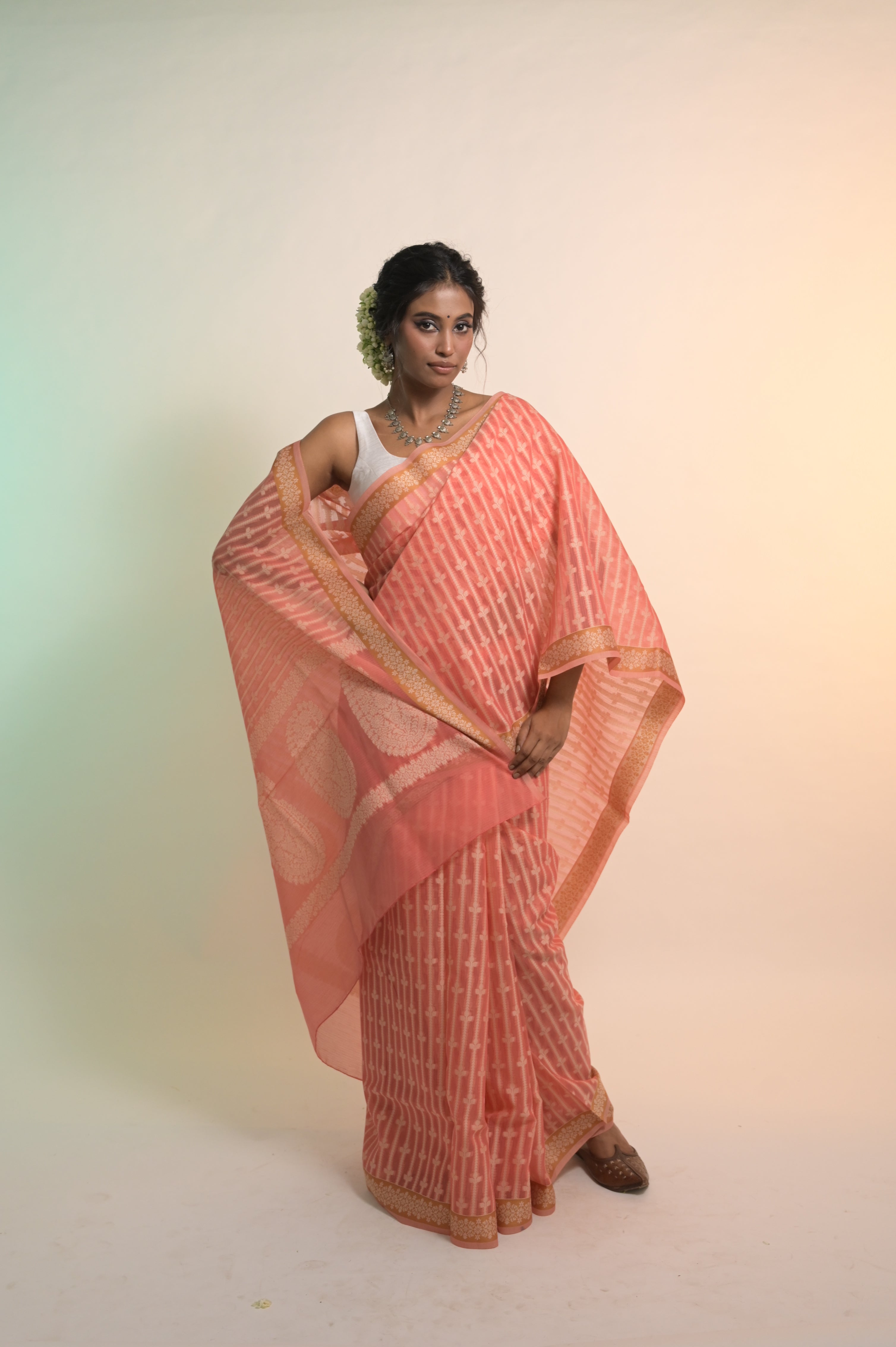 Tattva I Coral Handloom Cotton Banarasi Saree with Floral Border and striped leave vines