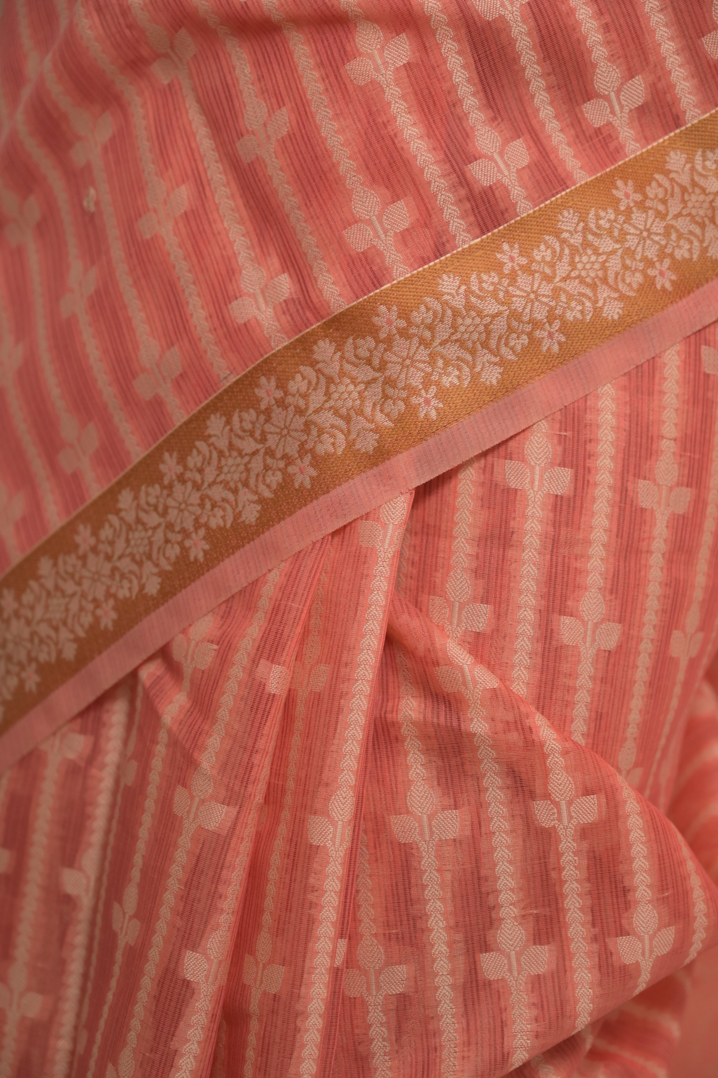Tattva I Coral Handloom Cotton Banarasi Saree with Floral Border and striped leave vines