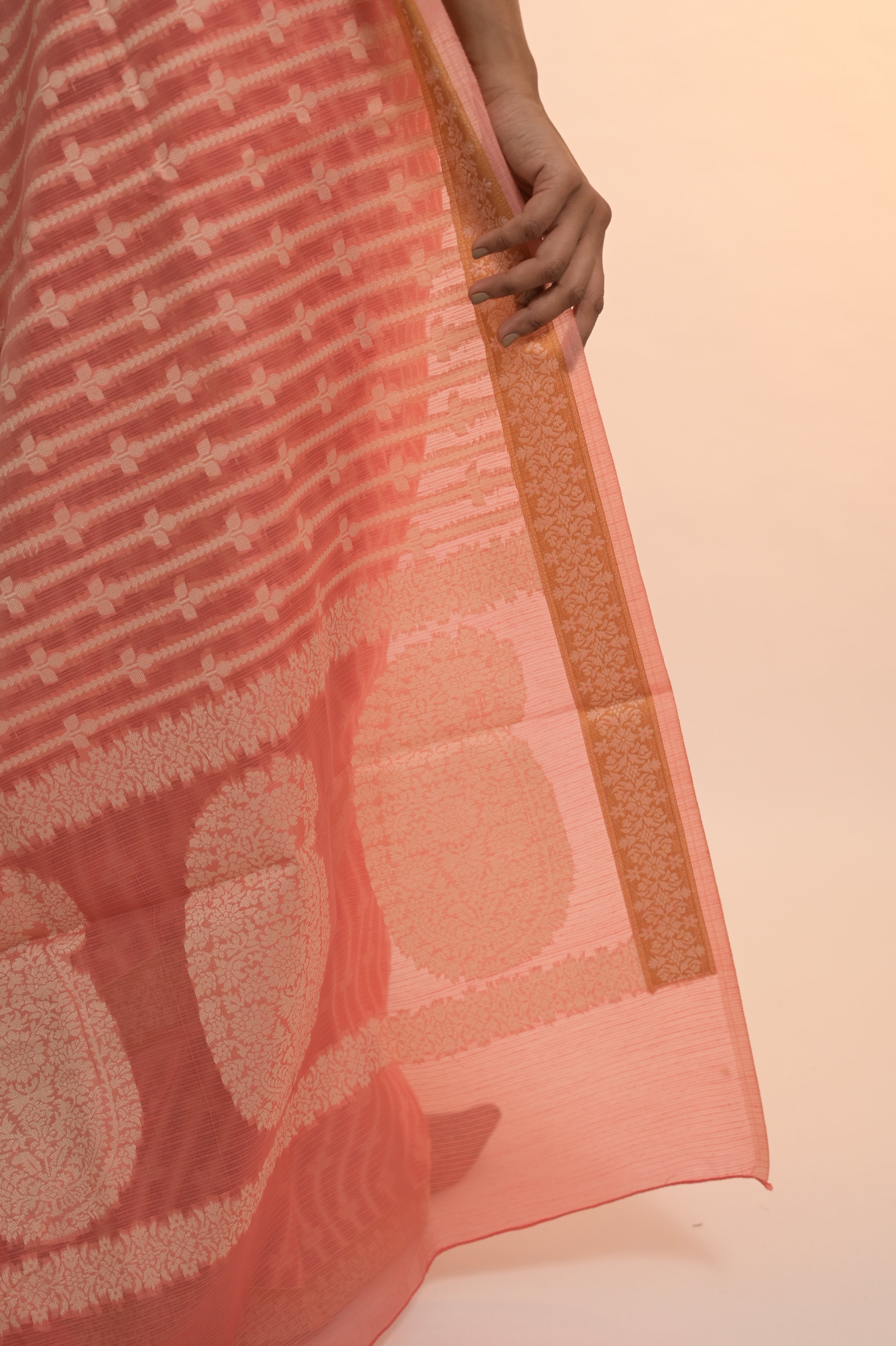 Tattva I Coral Handloom Cotton Banarasi Saree with Floral Border and striped leave vines