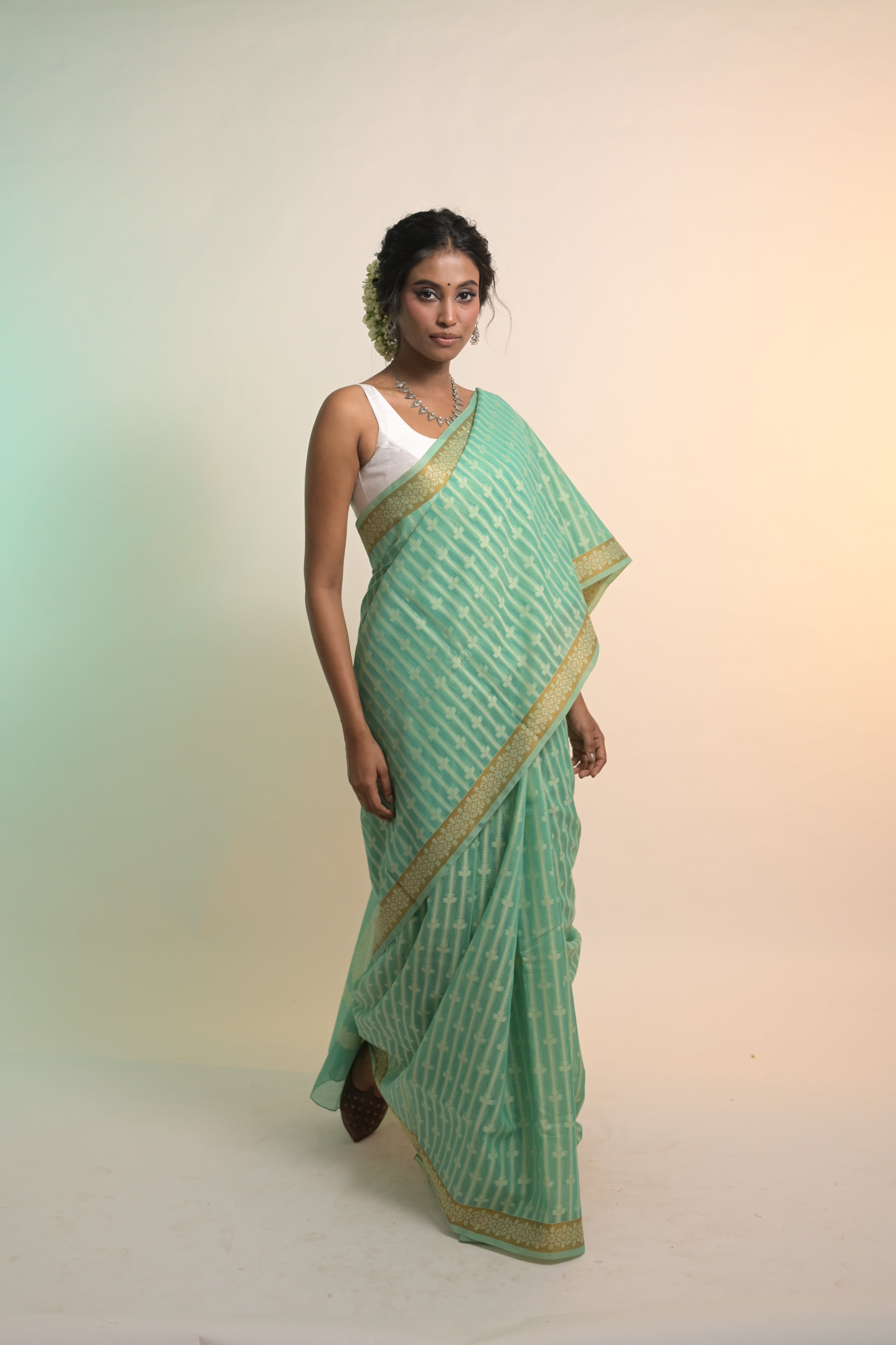 Amaaya I Sea Green Handloom Cotton Banarasi Saree with Floral Border and striped leave vines