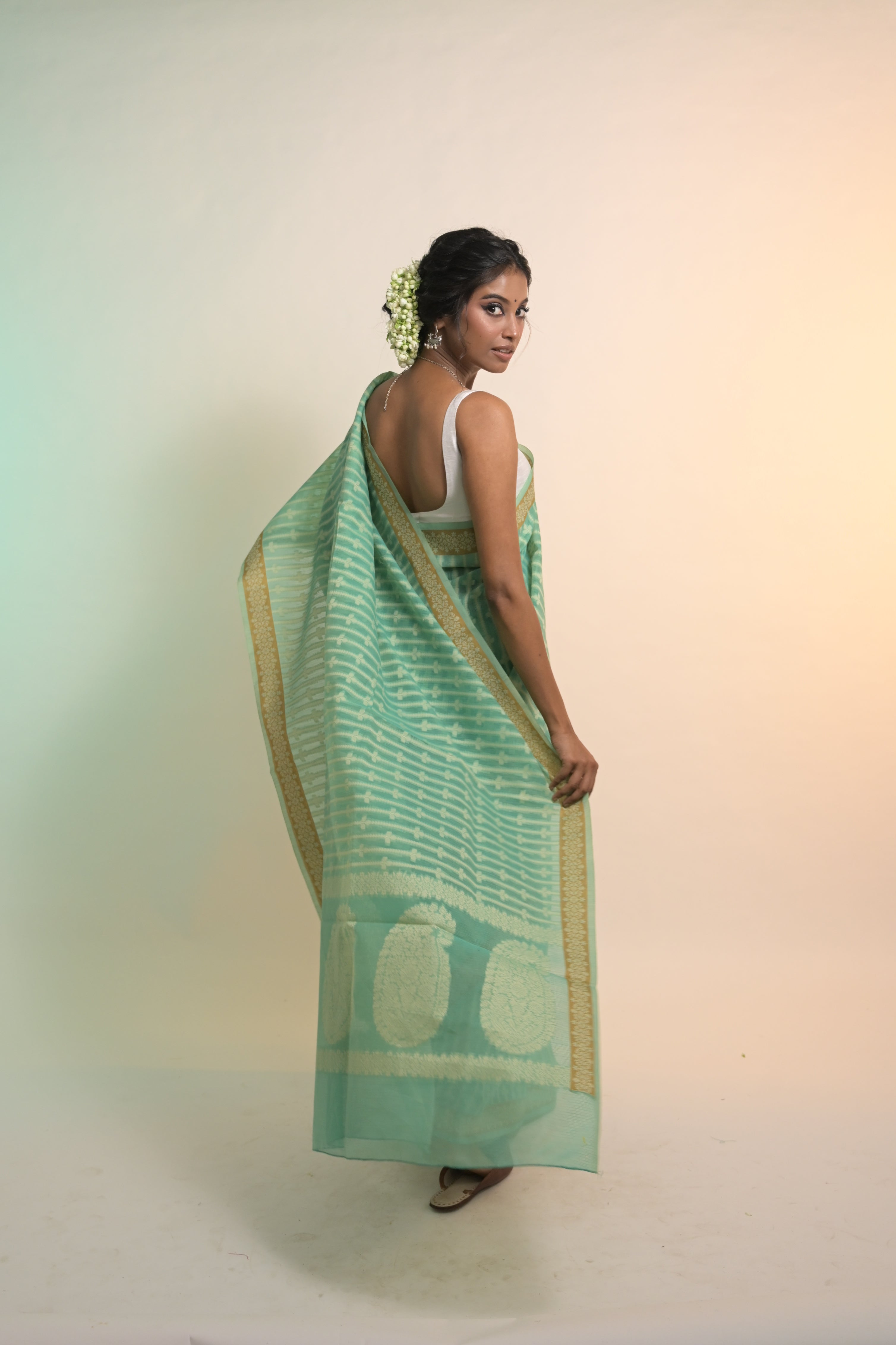 Amaaya I Sea Green Handloom Cotton Banarasi Saree with Floral Border and striped leave vines