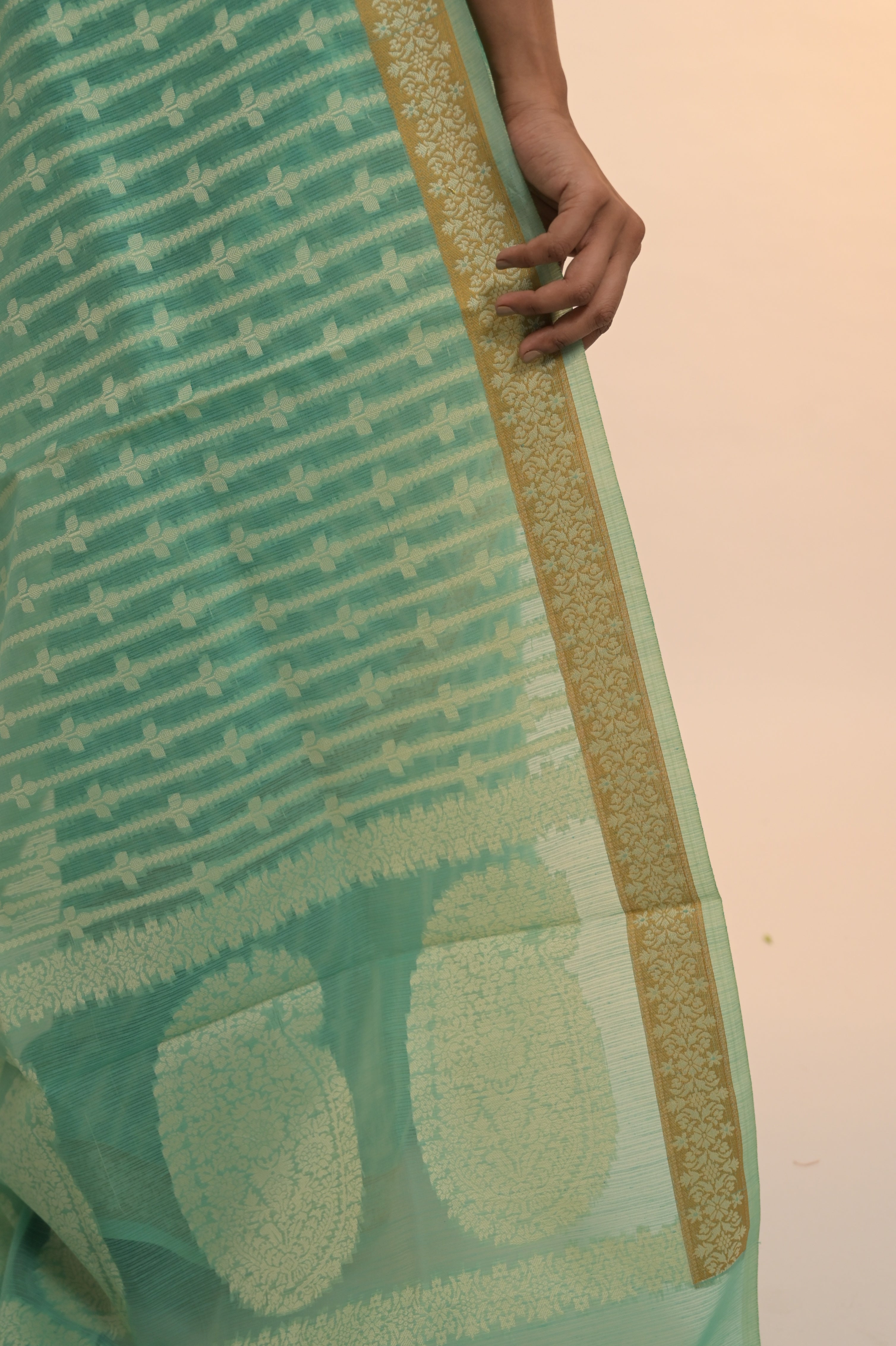 Amaaya I Sea Green Handloom Cotton Banarasi Saree with Floral Border and striped leave vines