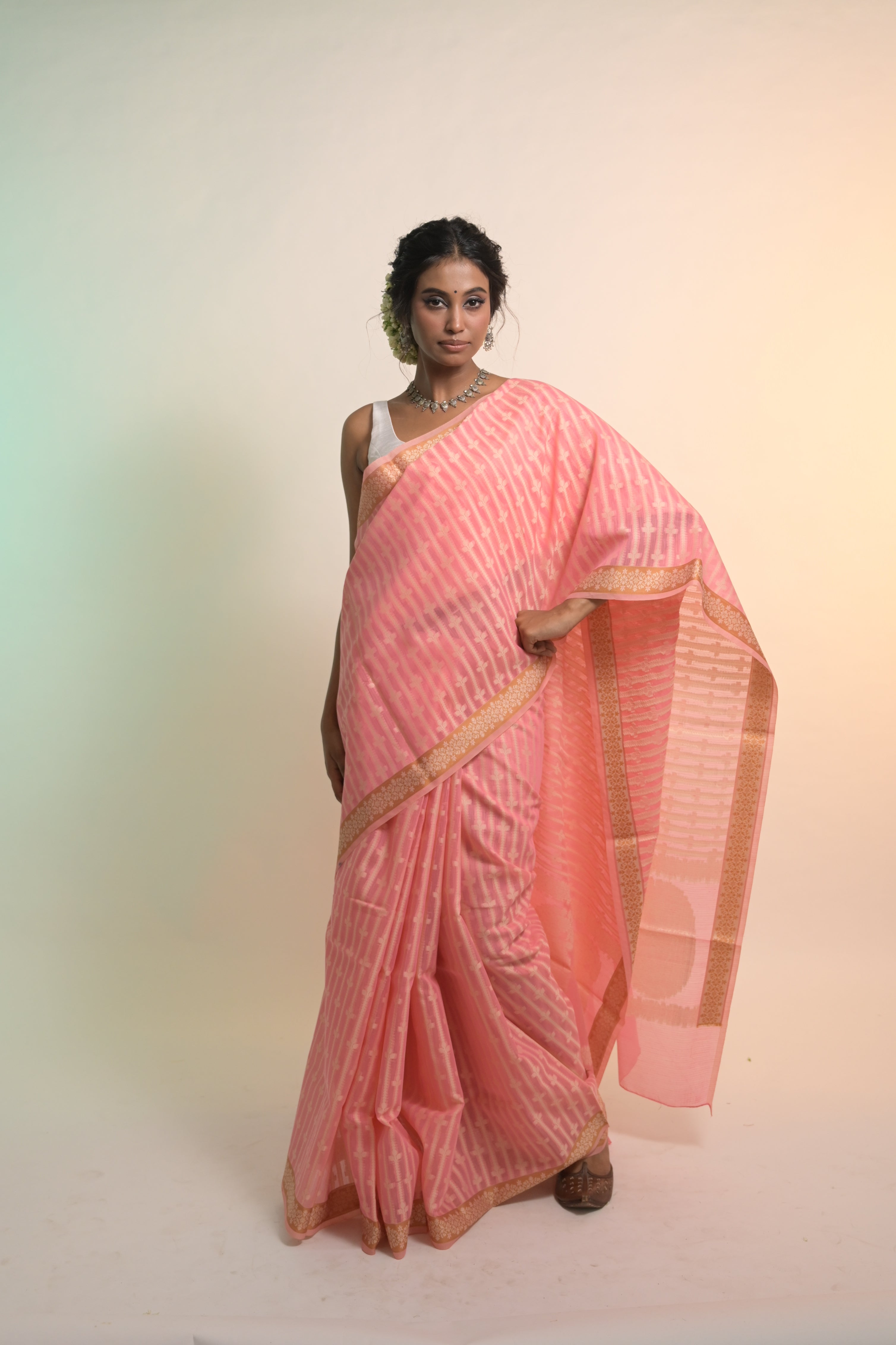 Saanvika I Pink Handloom Cotton Banarasi Saree with Floral Border and striped leave vines