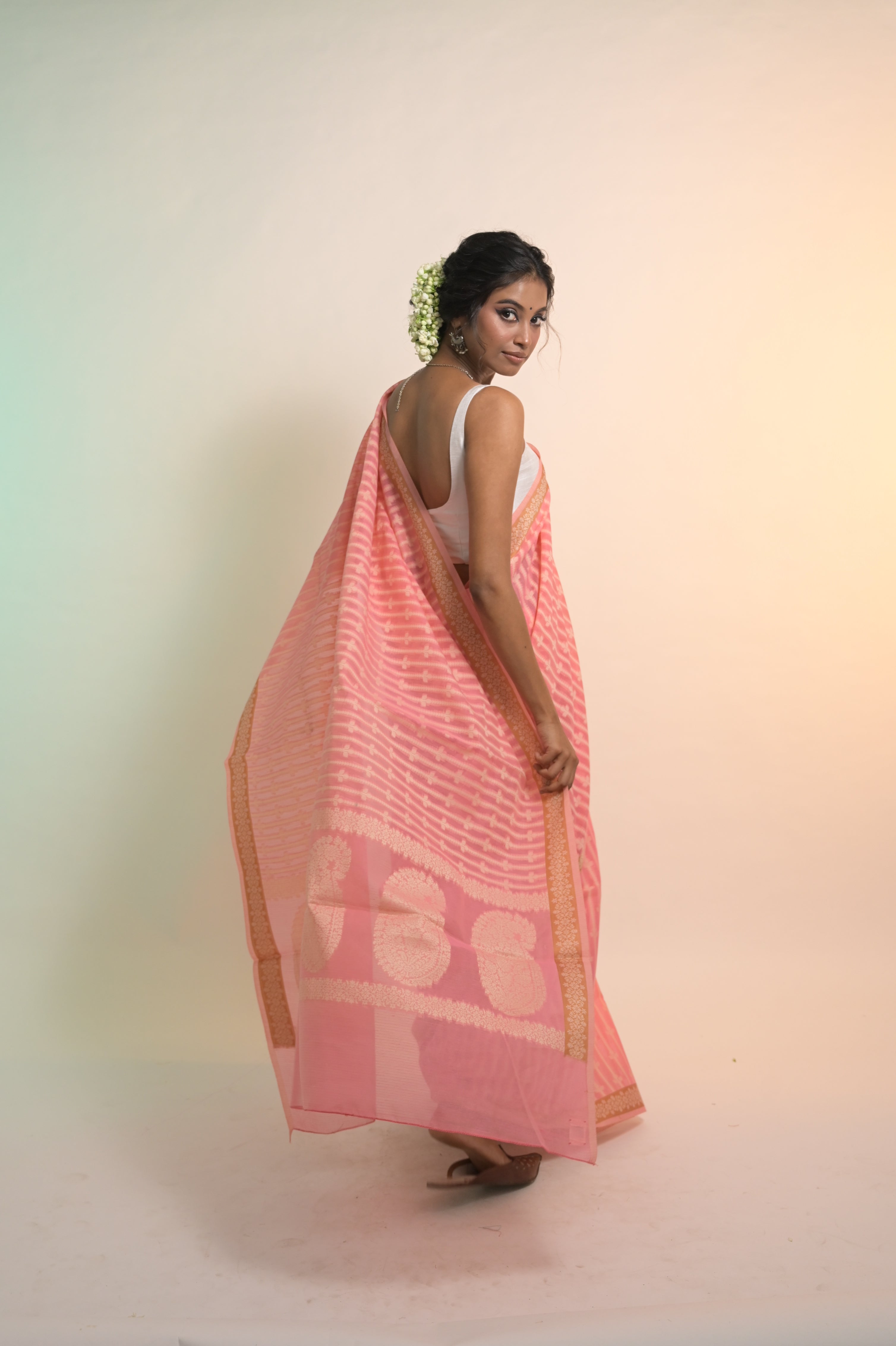 Saanvika I Pink Handloom Cotton Banarasi Saree with Floral Border and striped leave vines