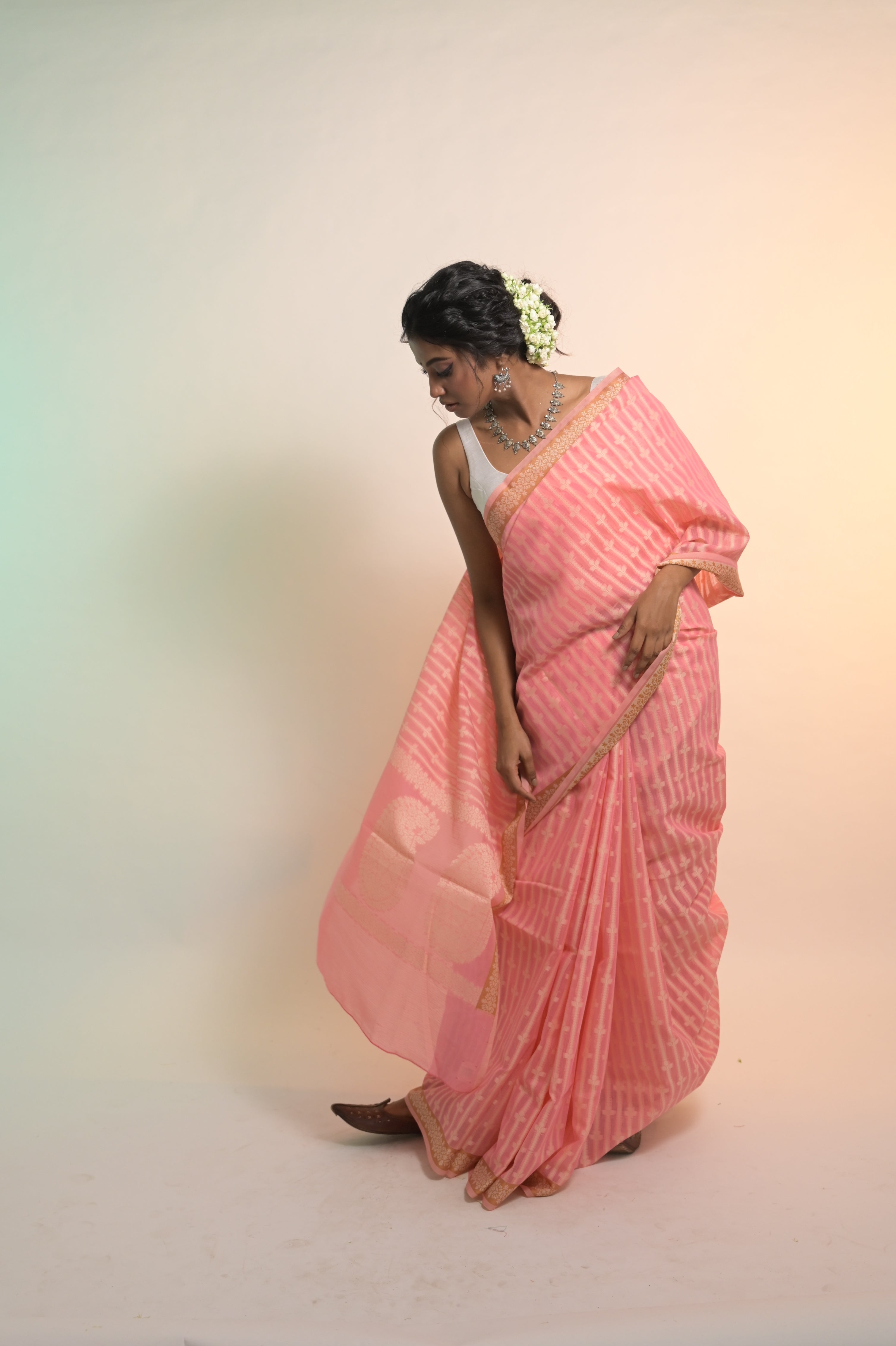 Saanvika I Pink Handloom Cotton Banarasi Saree with Floral Border and striped leave vines