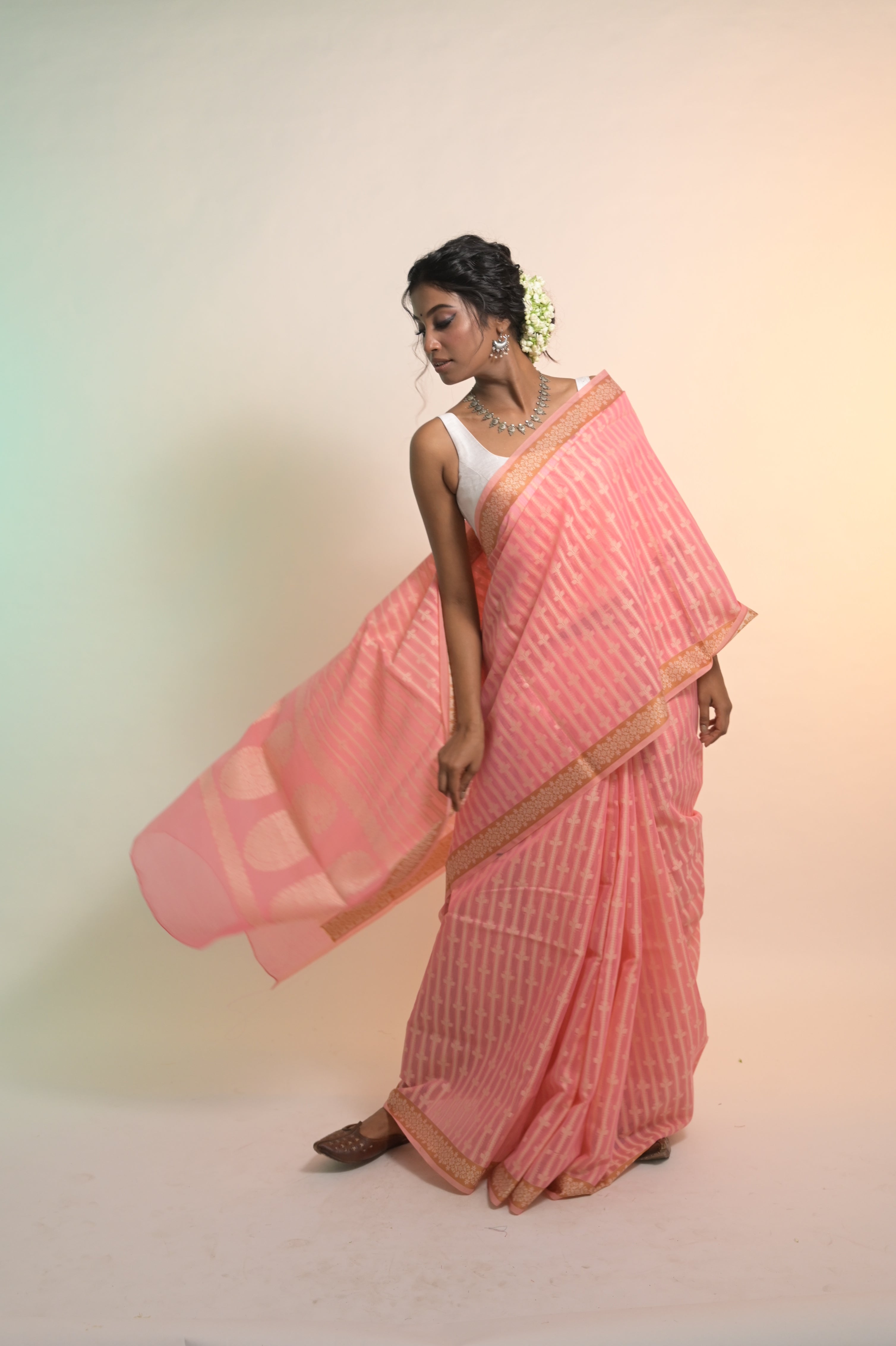 Saanvika I Pink Handloom Cotton Banarasi Saree with Floral Border and striped leave vines