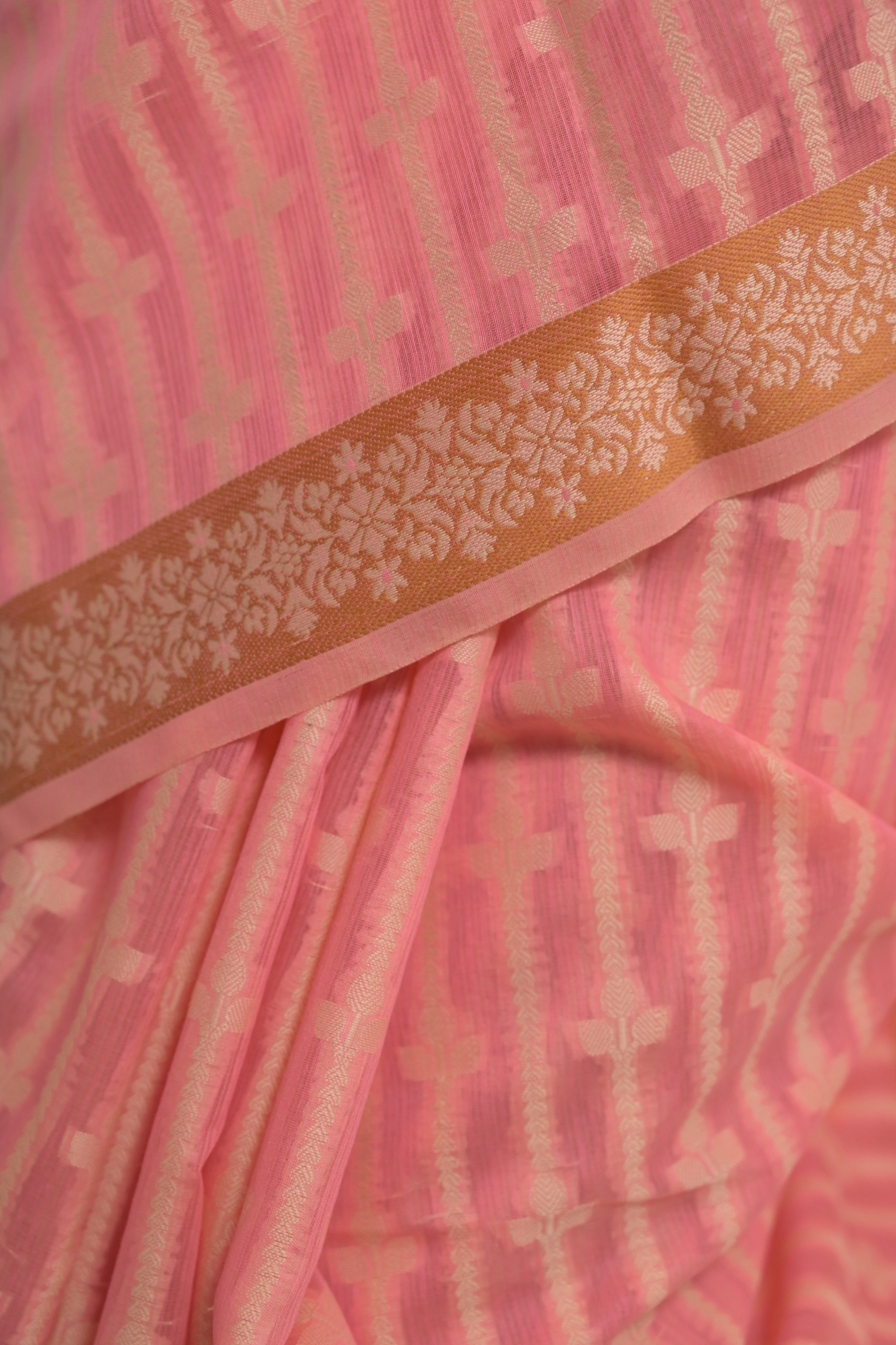 Saanvika I Pink Handloom Cotton Banarasi Saree with Floral Border and striped leave vines