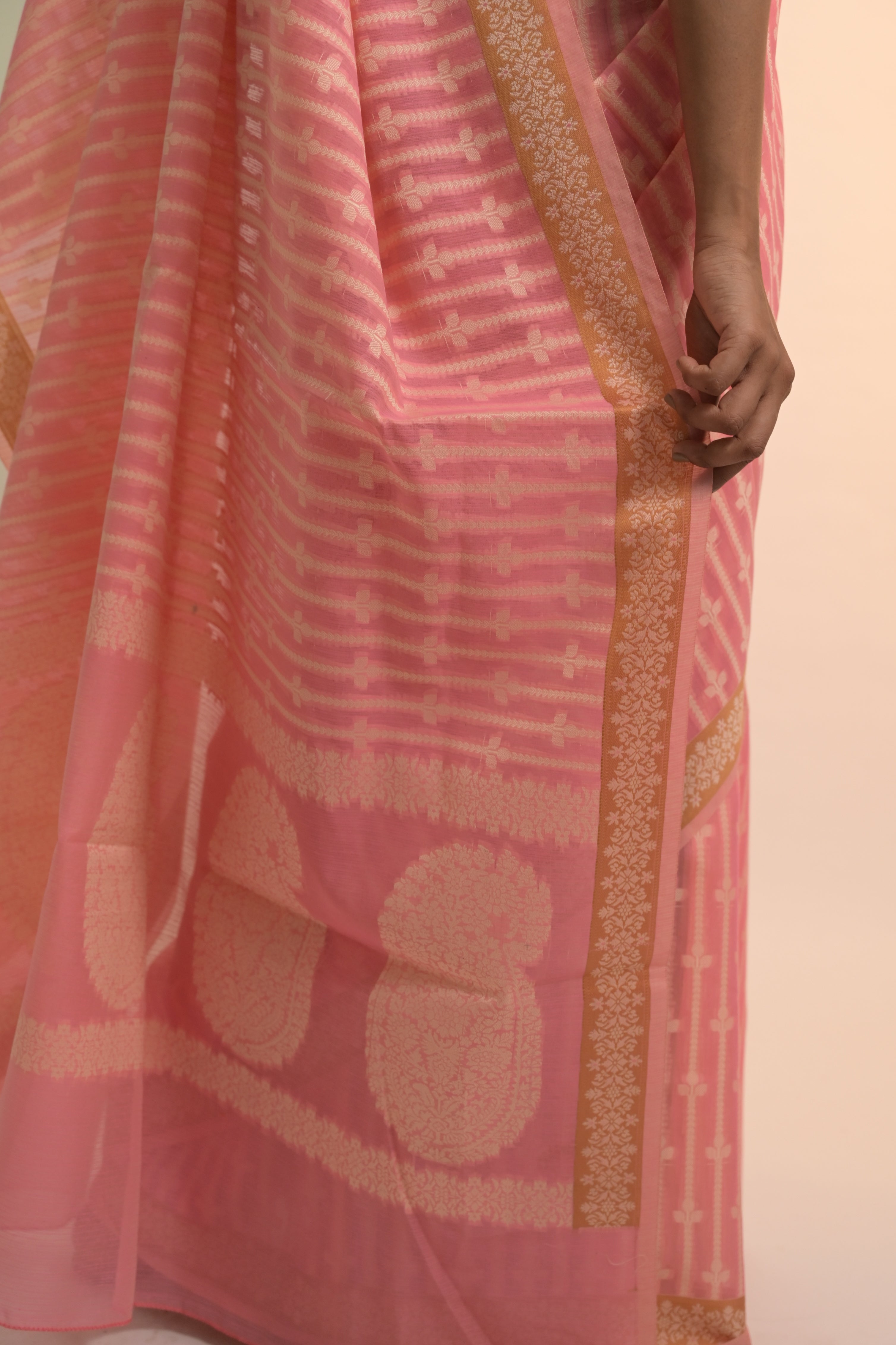 Saanvika I Pink Handloom Cotton Banarasi Saree with Floral Border and striped leave vines