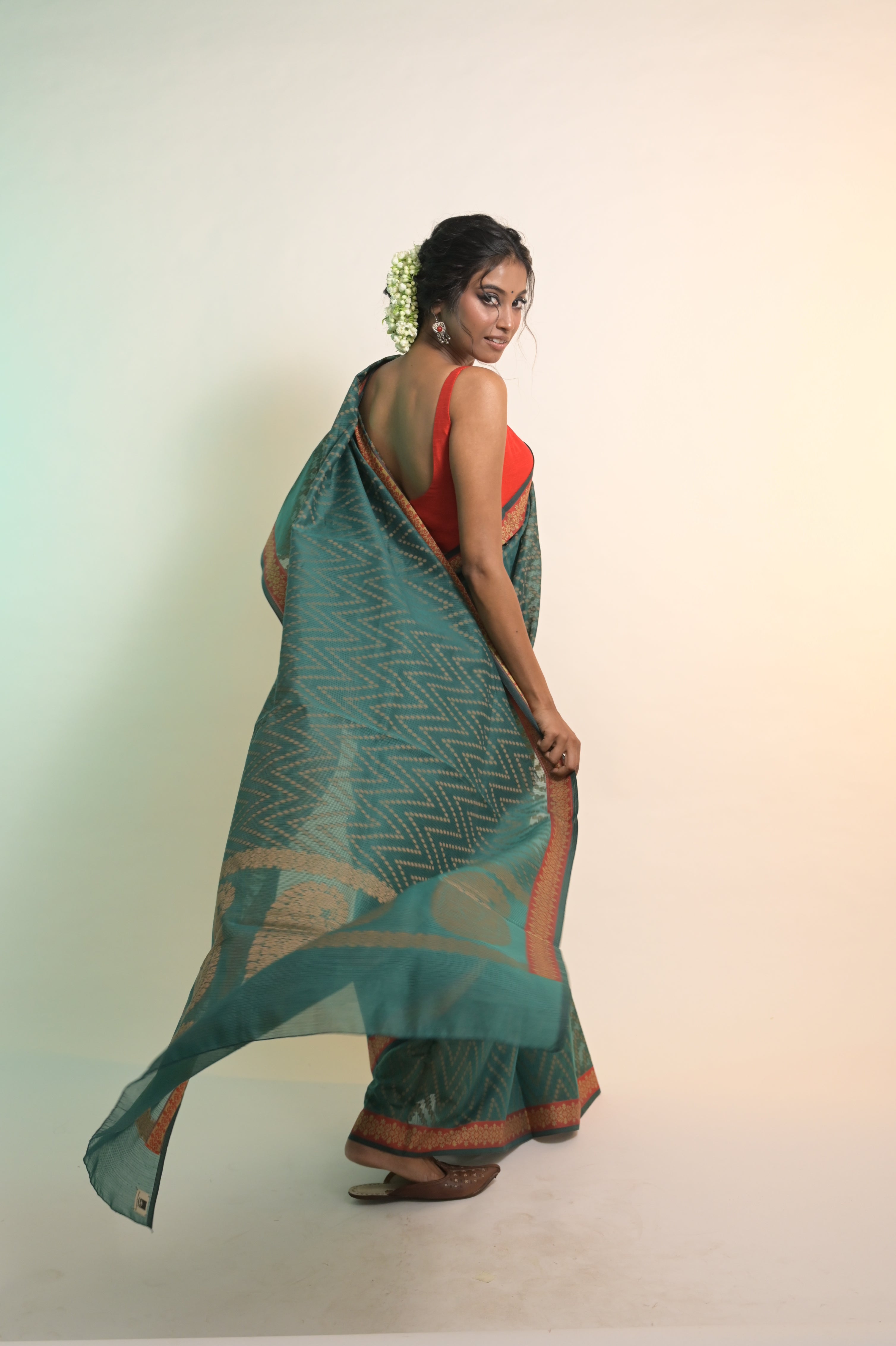 Srishti I Sea Green Handloom Cotton Saree with Floral Banarasi Border