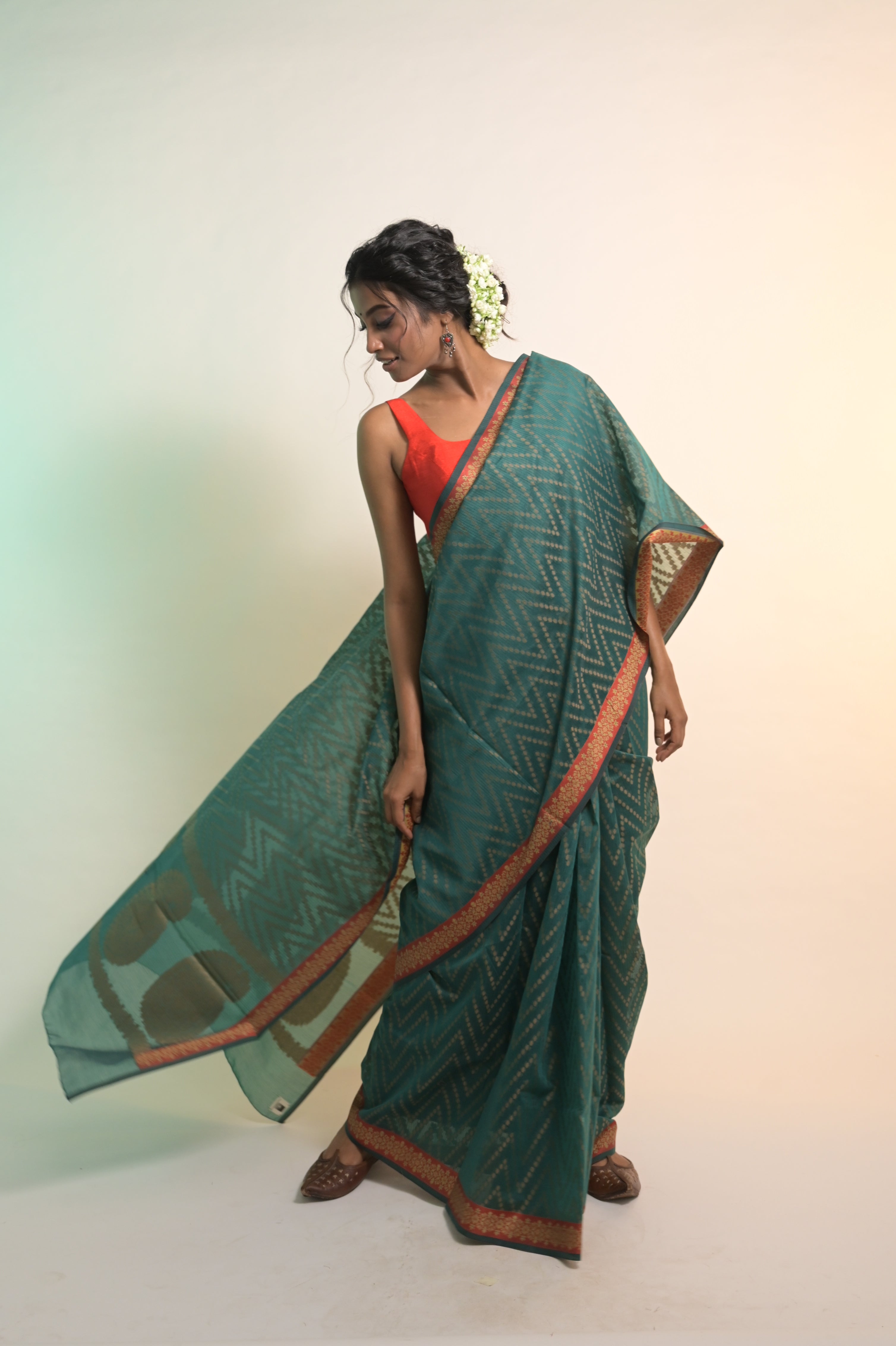 Srishti I Sea Green Handloom Cotton Saree with Floral Banarasi Border