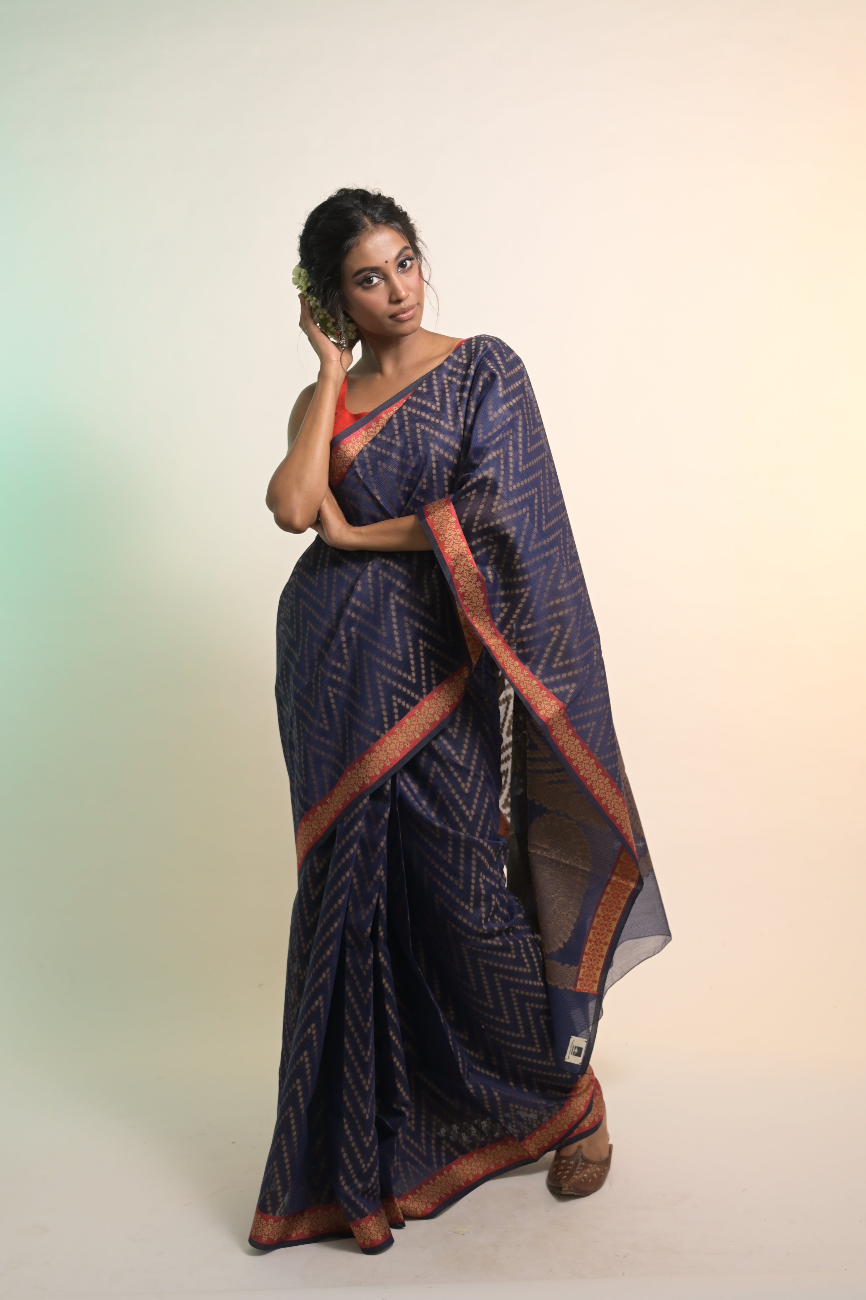 Dhwani I Navy Blue Handloom Cotton Bandhni Printed Saree
