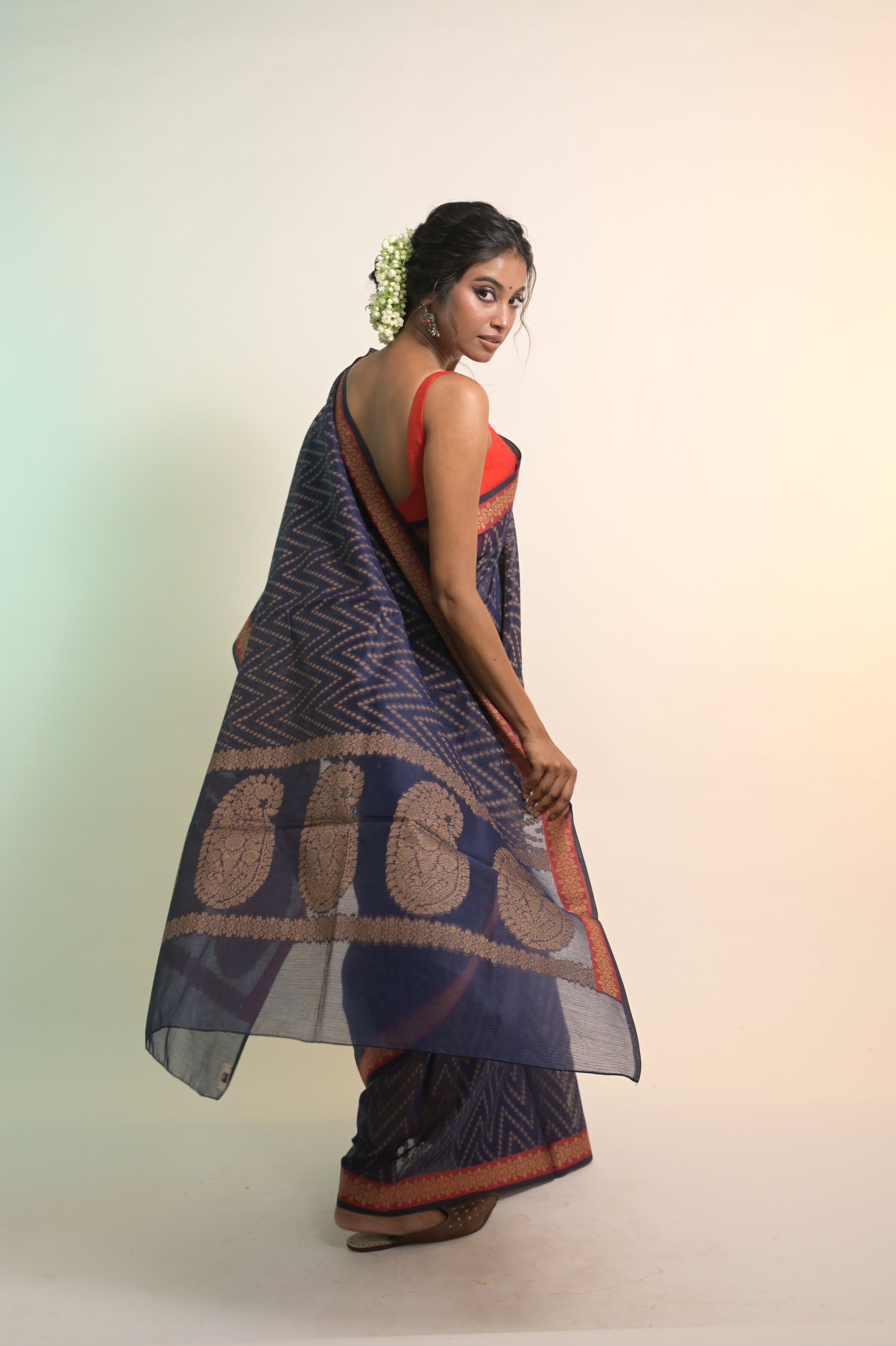 Dhwani I Navy Blue Handloom Cotton Bandhni Printed Saree