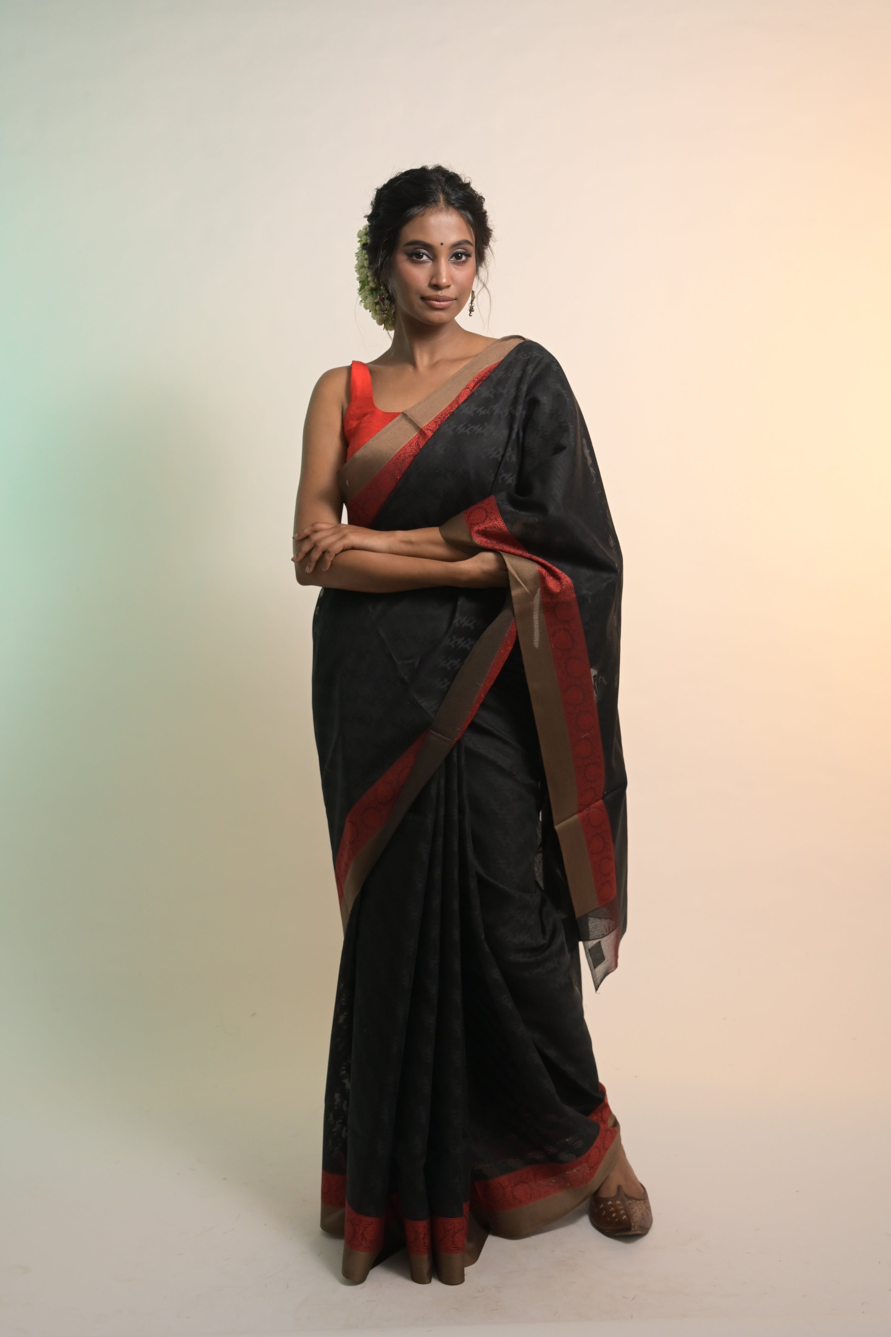 Nirvana I Black Handloom Cotton Saree with Red Floral Border
