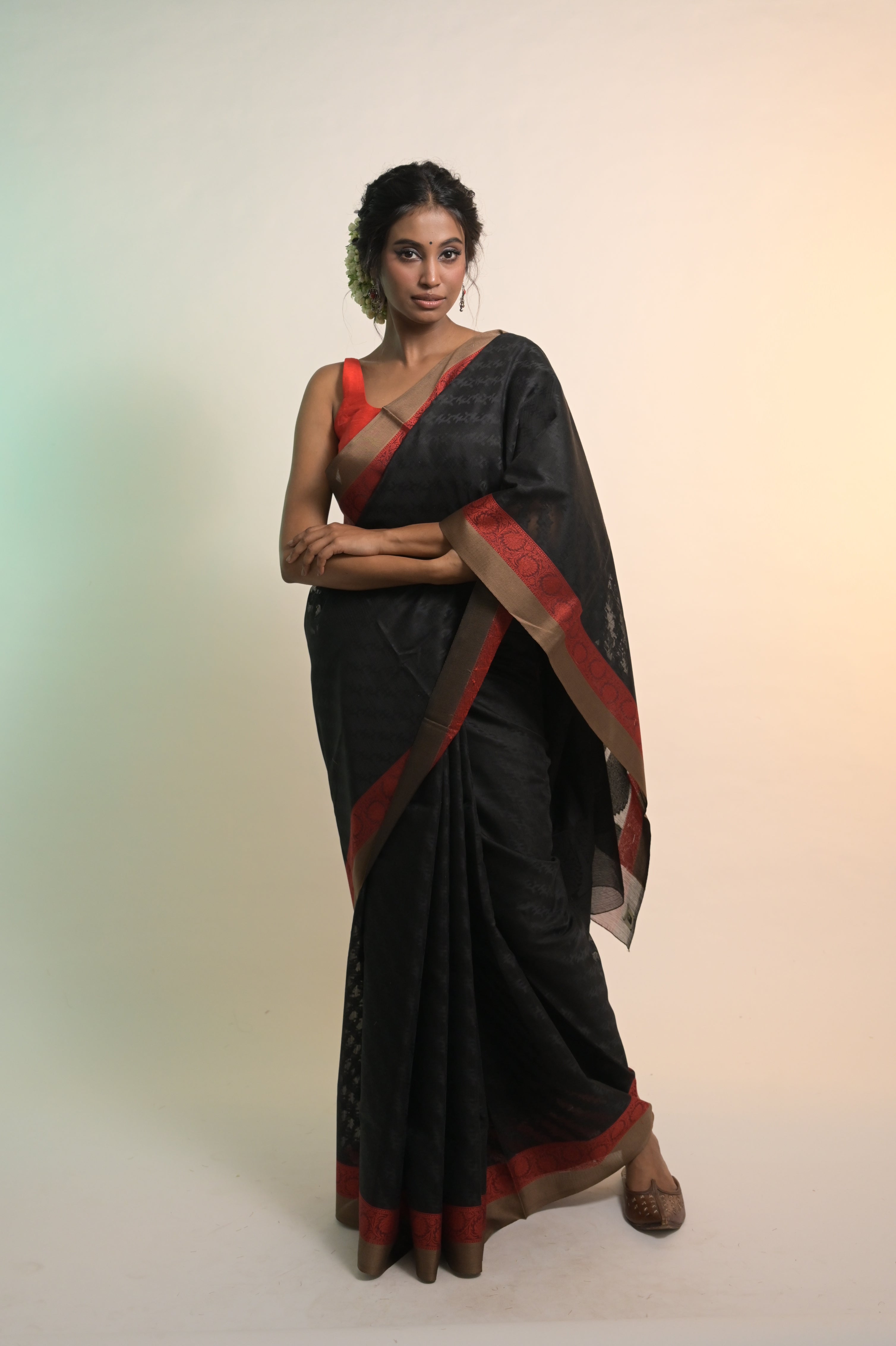 Nirvana I Black Handloom Cotton Saree with Red Floral Border