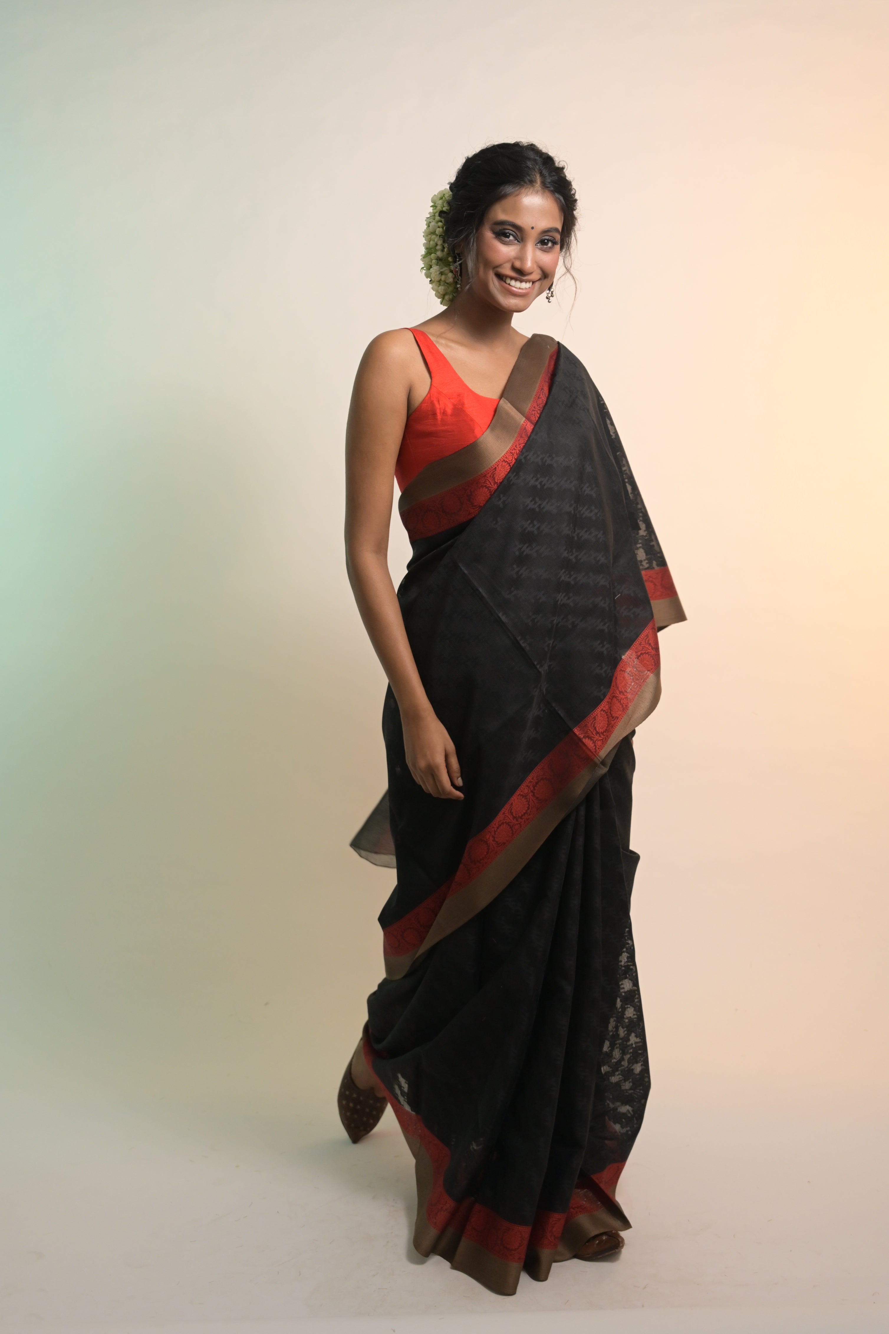 Nirvana I Black Handloom Cotton Saree with Red Floral Border