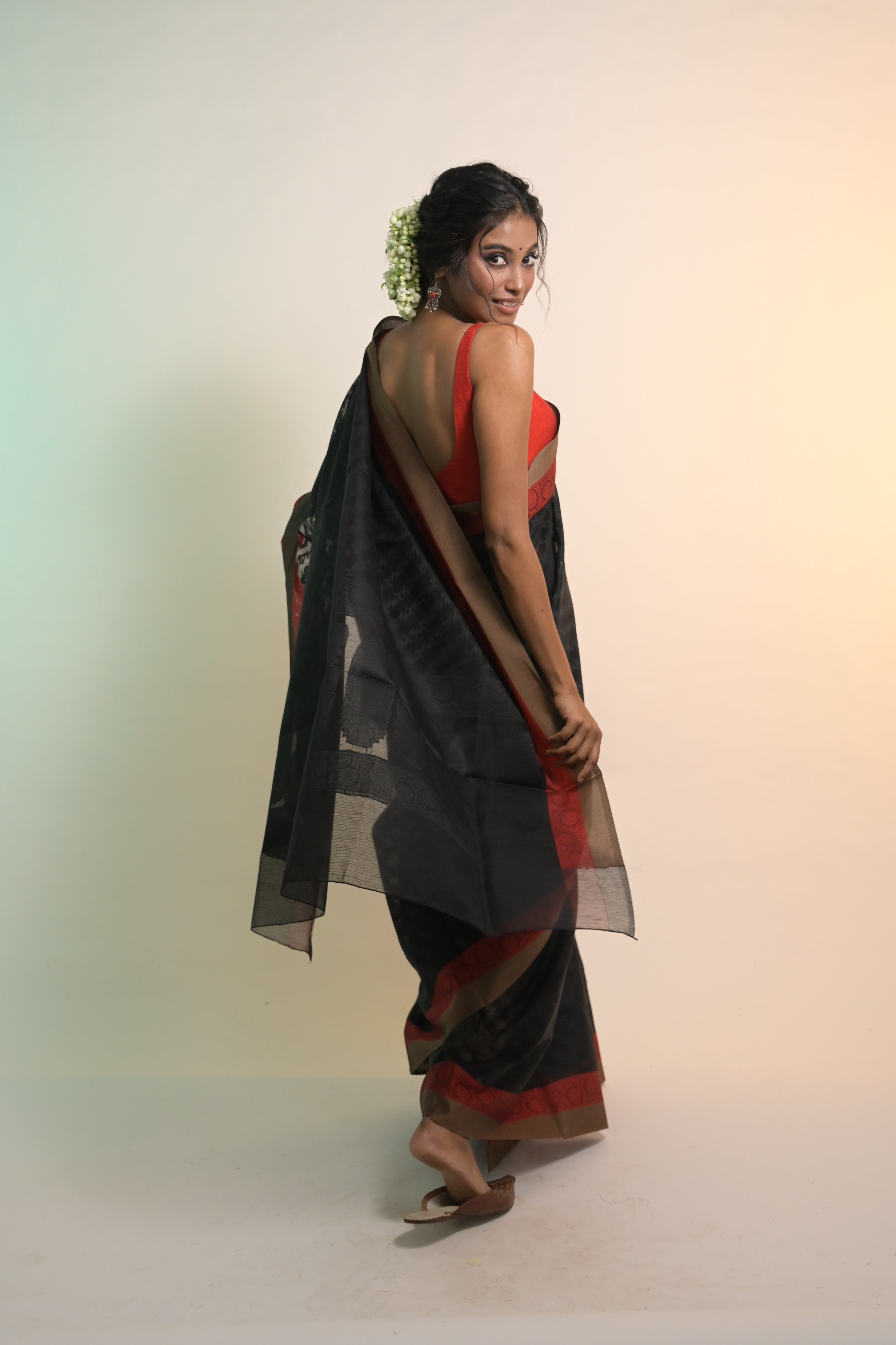 Nirvana I Black Handloom Cotton Saree with Red Floral Border