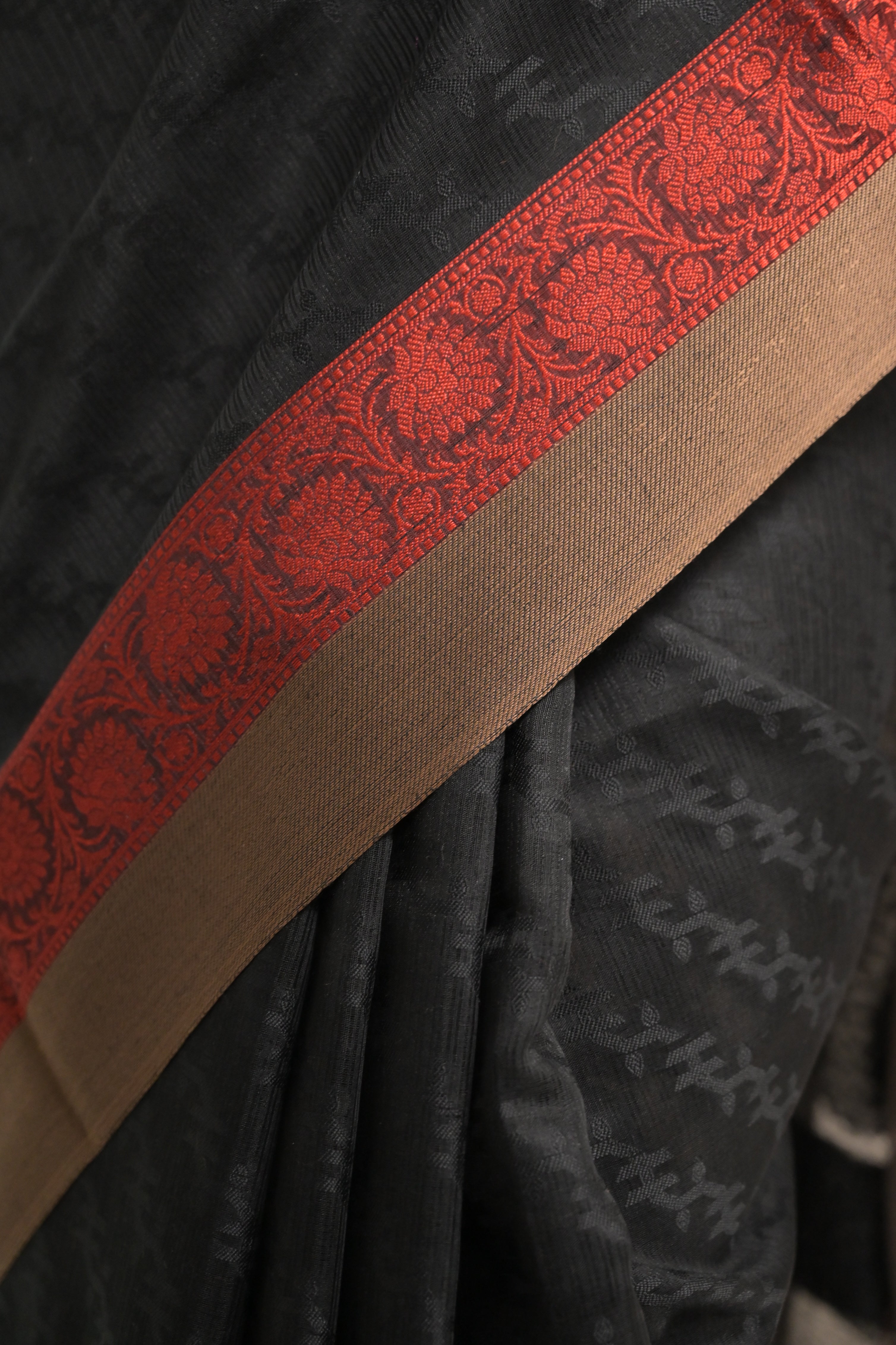 Nirvana I Black Handloom Cotton Saree with Red Floral Border