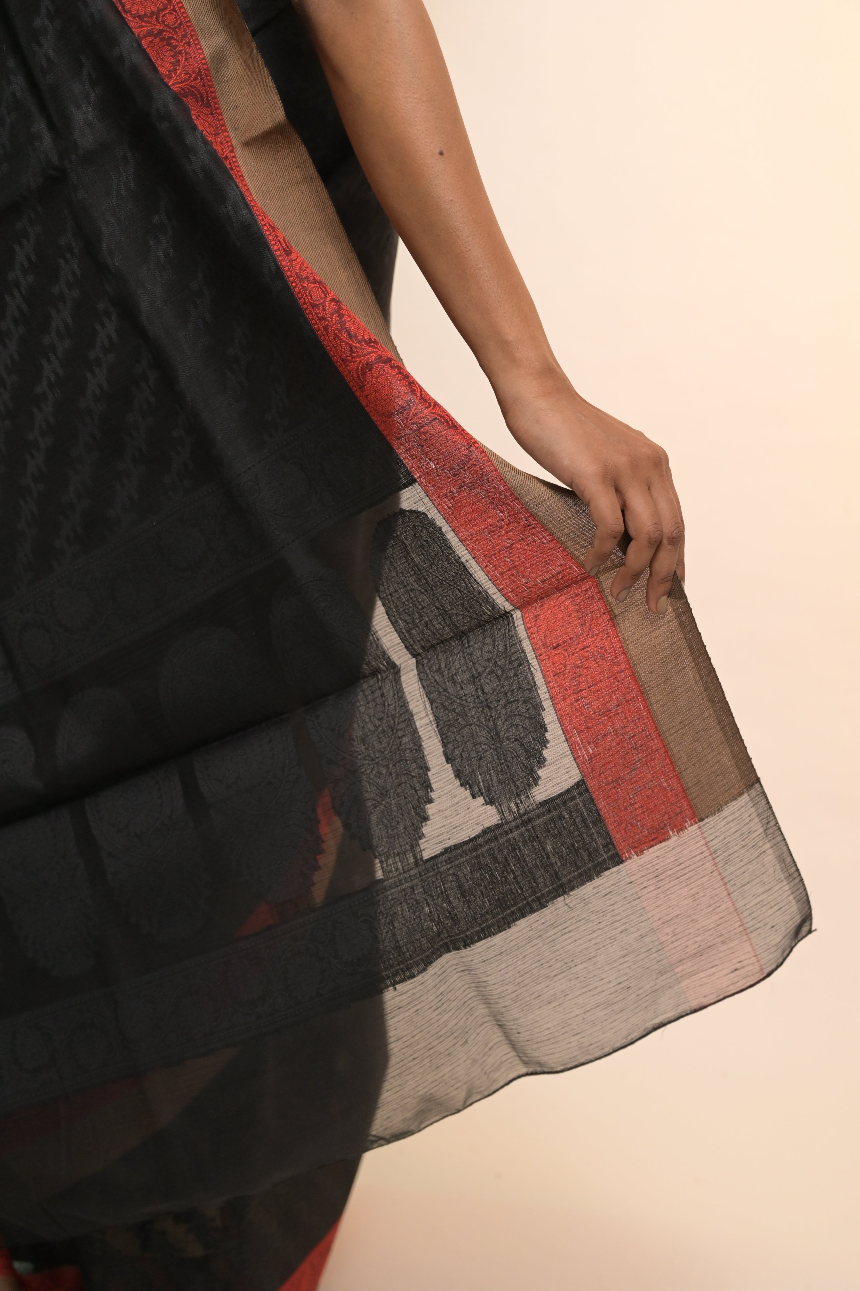 Nirvana I Black Handloom Cotton Saree with Red Floral Border