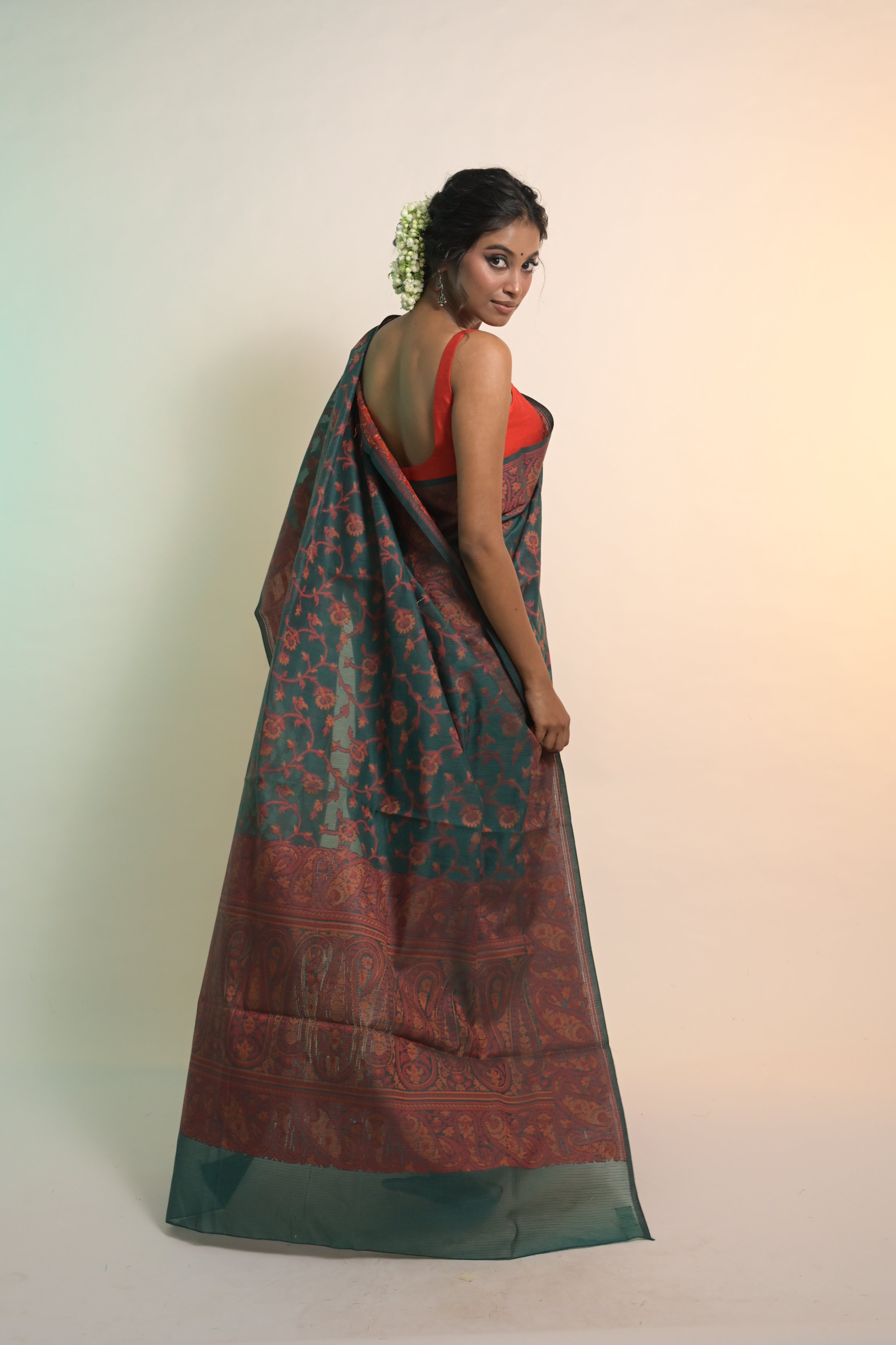 Aahana I Green Handloom Cotton Saree with Ochre Floral Jaal Motifs