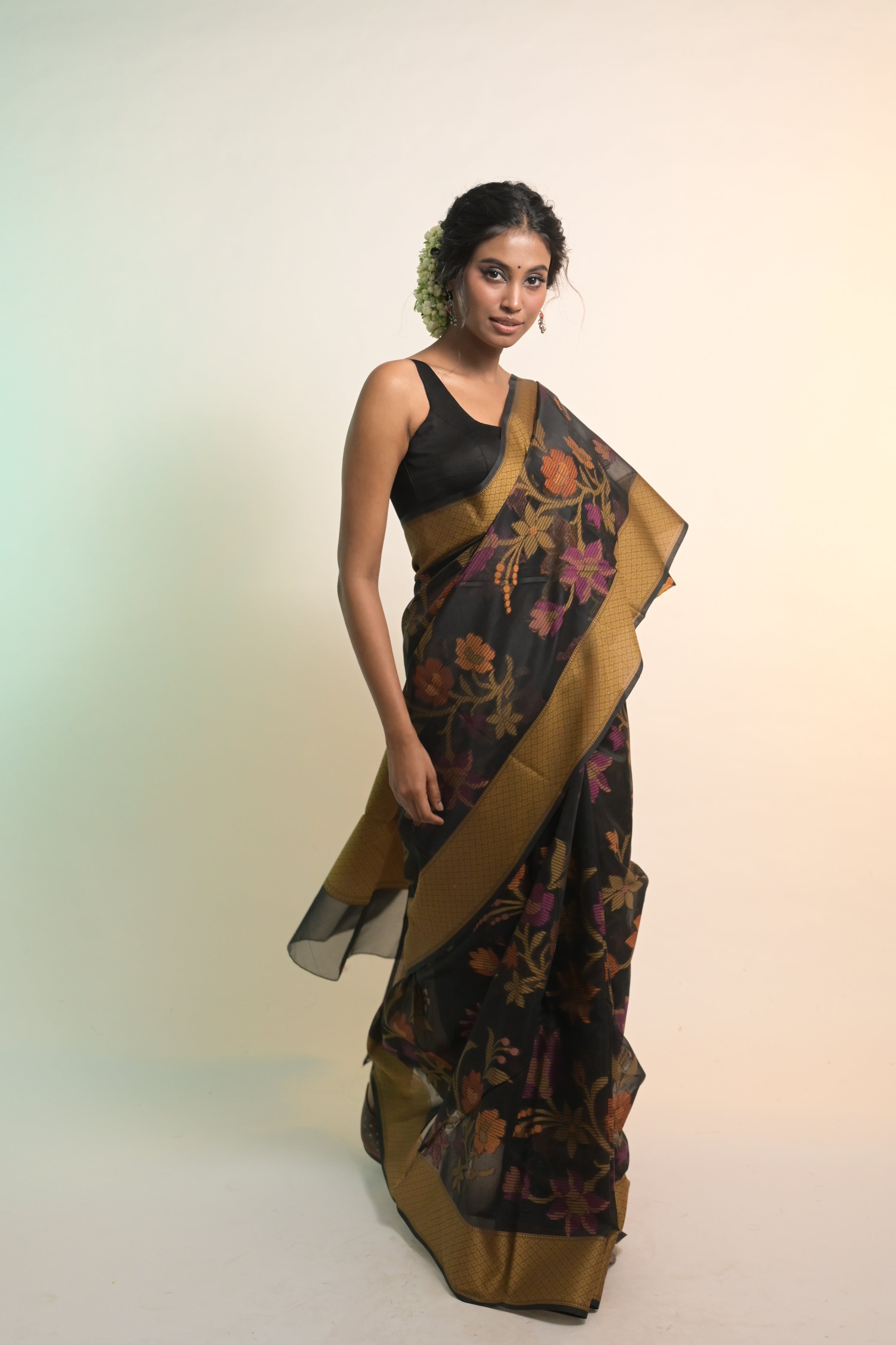 Suvanya I Black Handloom Cotton Saree with Multicolour Floral Jaal Motifs