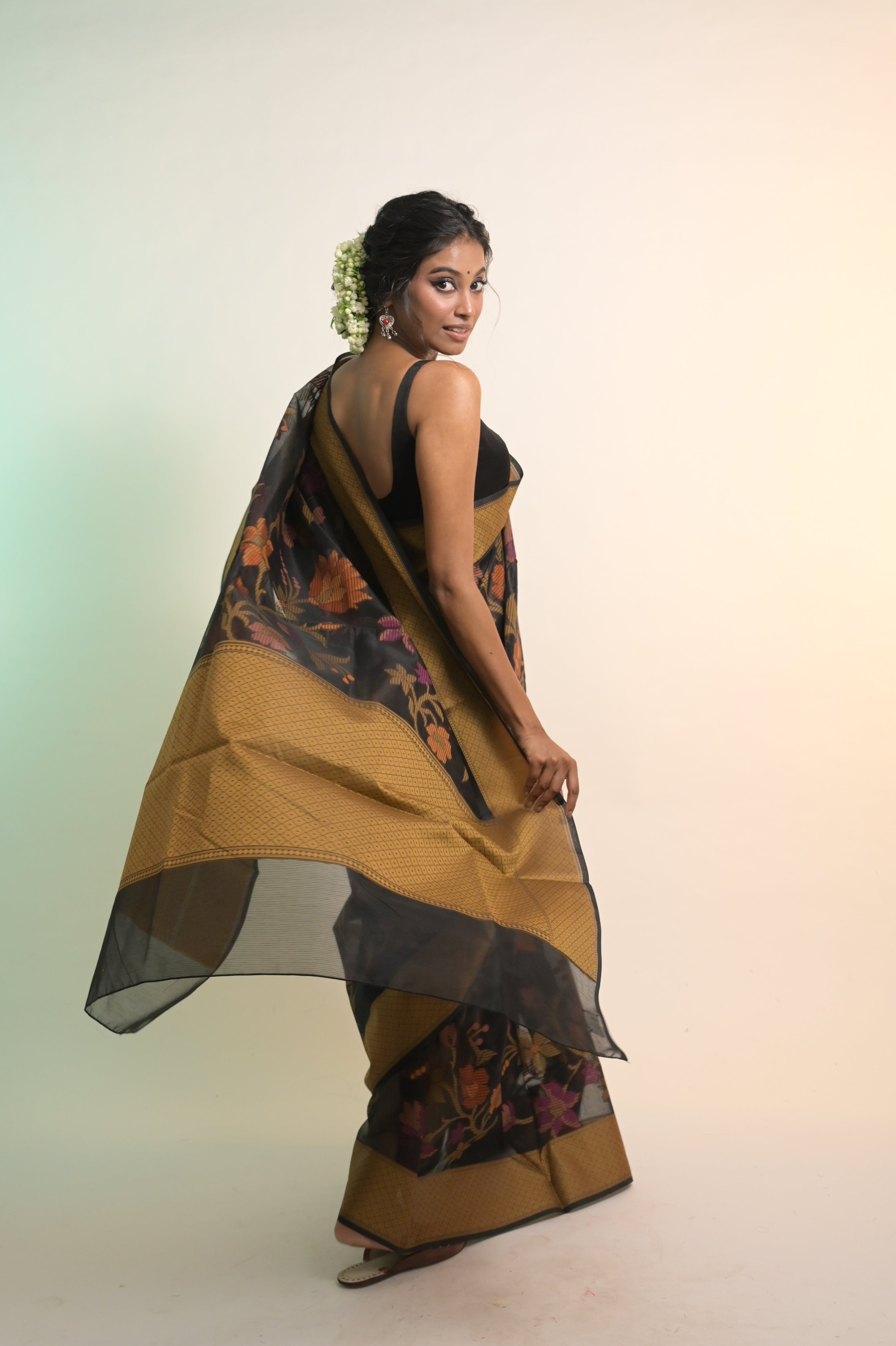 Suvanya I Black Handloom Cotton Saree with Multicolour Floral Jaal Motifs