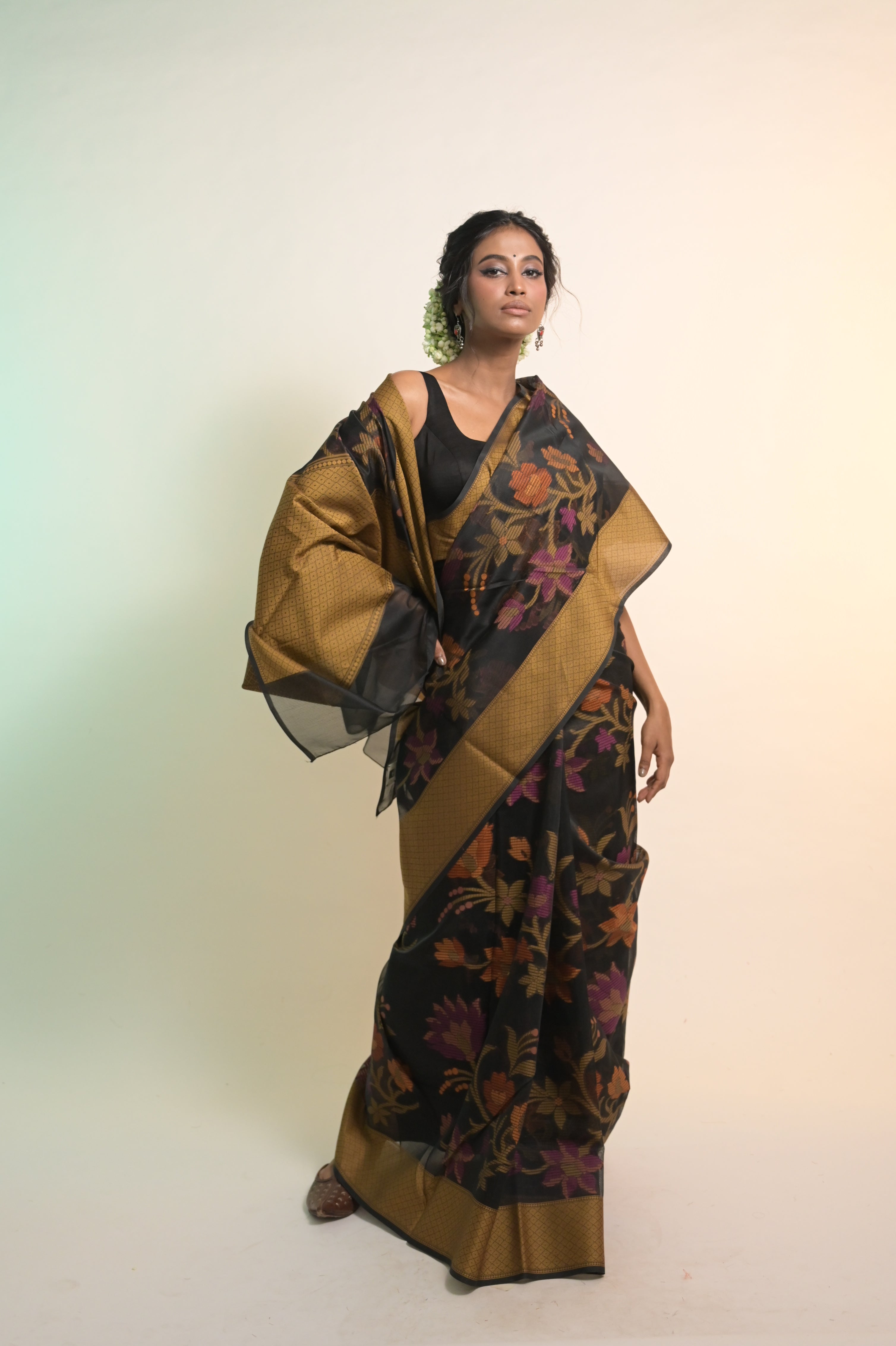 Suvanya I Black Handloom Cotton Saree with Multicolour Floral Jaal Motifs