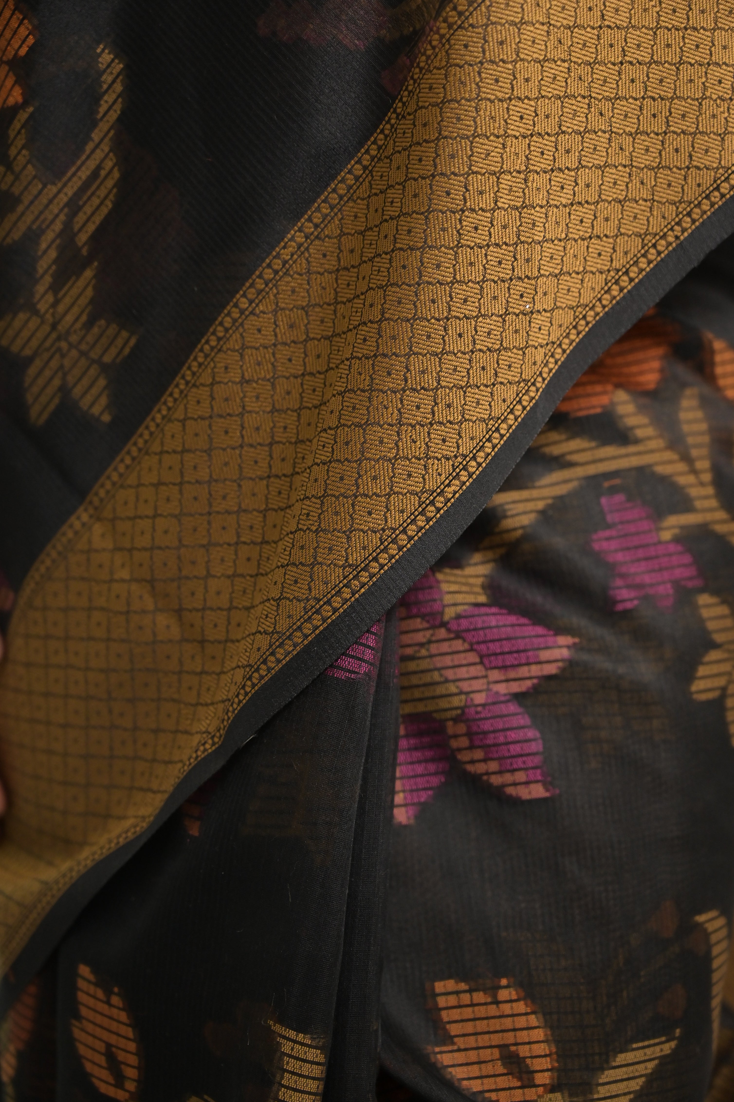 Suvanya I Black Handloom Cotton Saree with Multicolour Floral Jaal Motifs