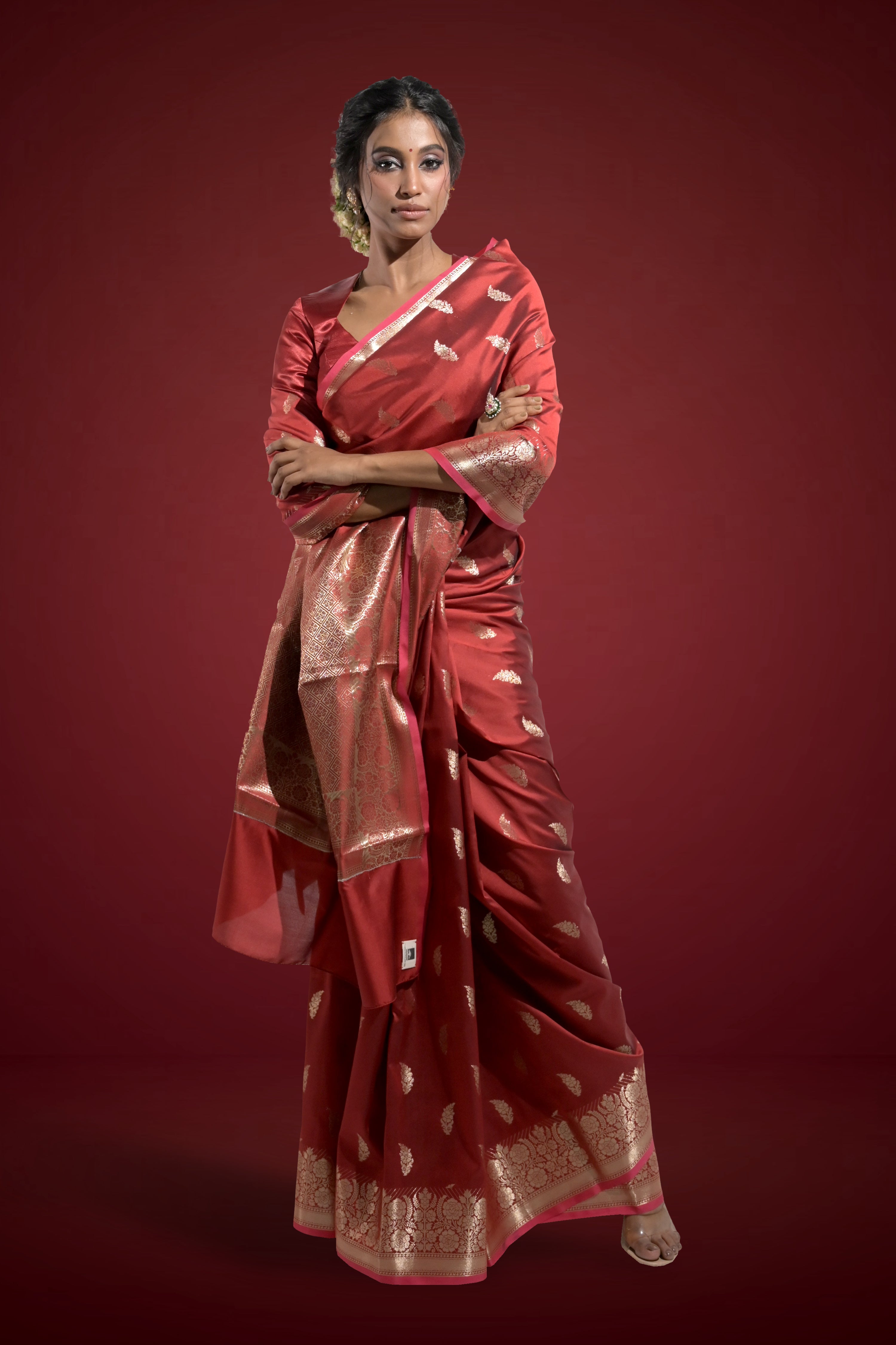 Shehnai Rang I Red Handloom Silk Banarasi Saree with floral zari border and Butis