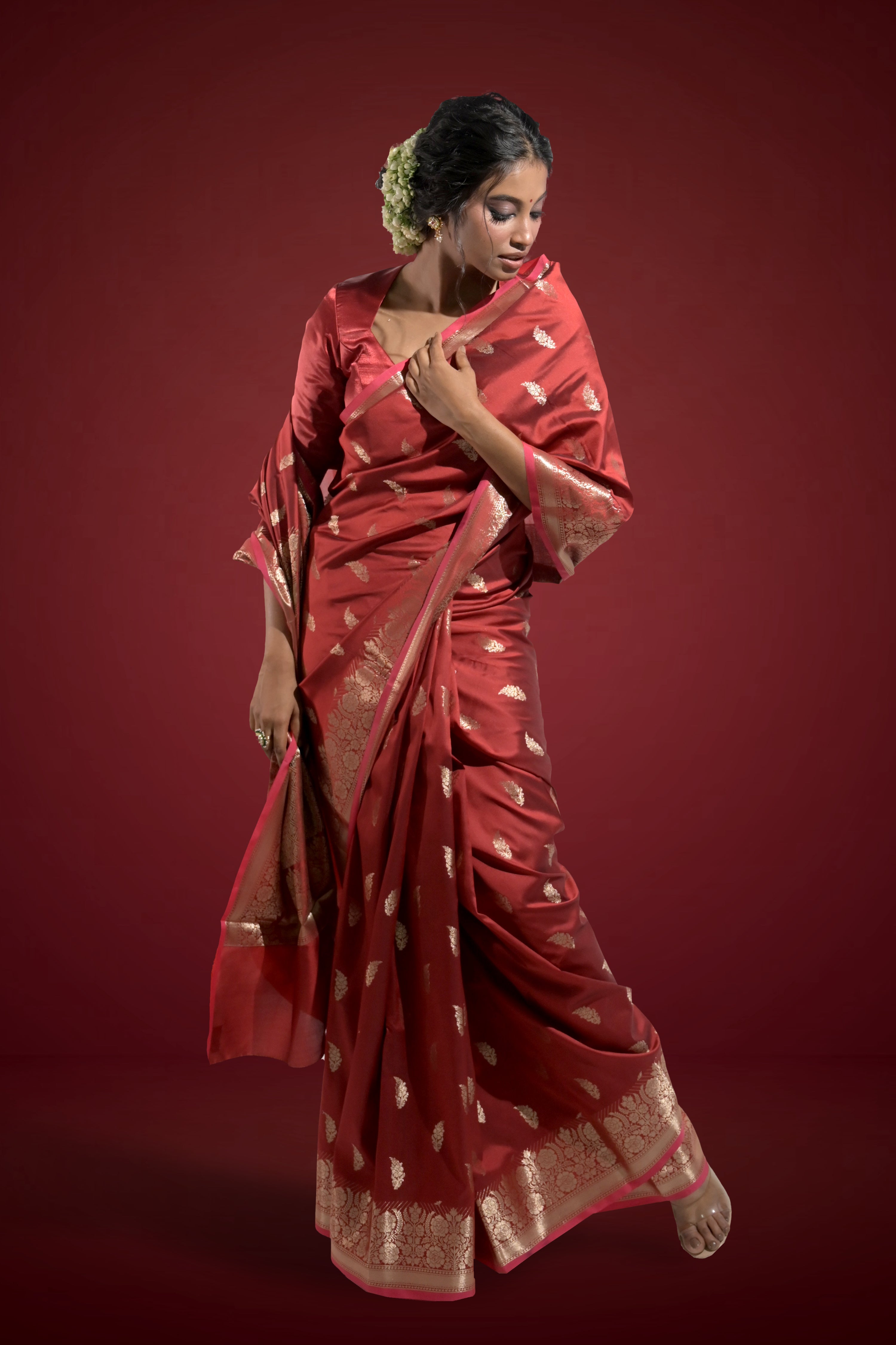 Shehnai Rang I Red Handloom Silk Banarasi Saree with floral zari border and Butis