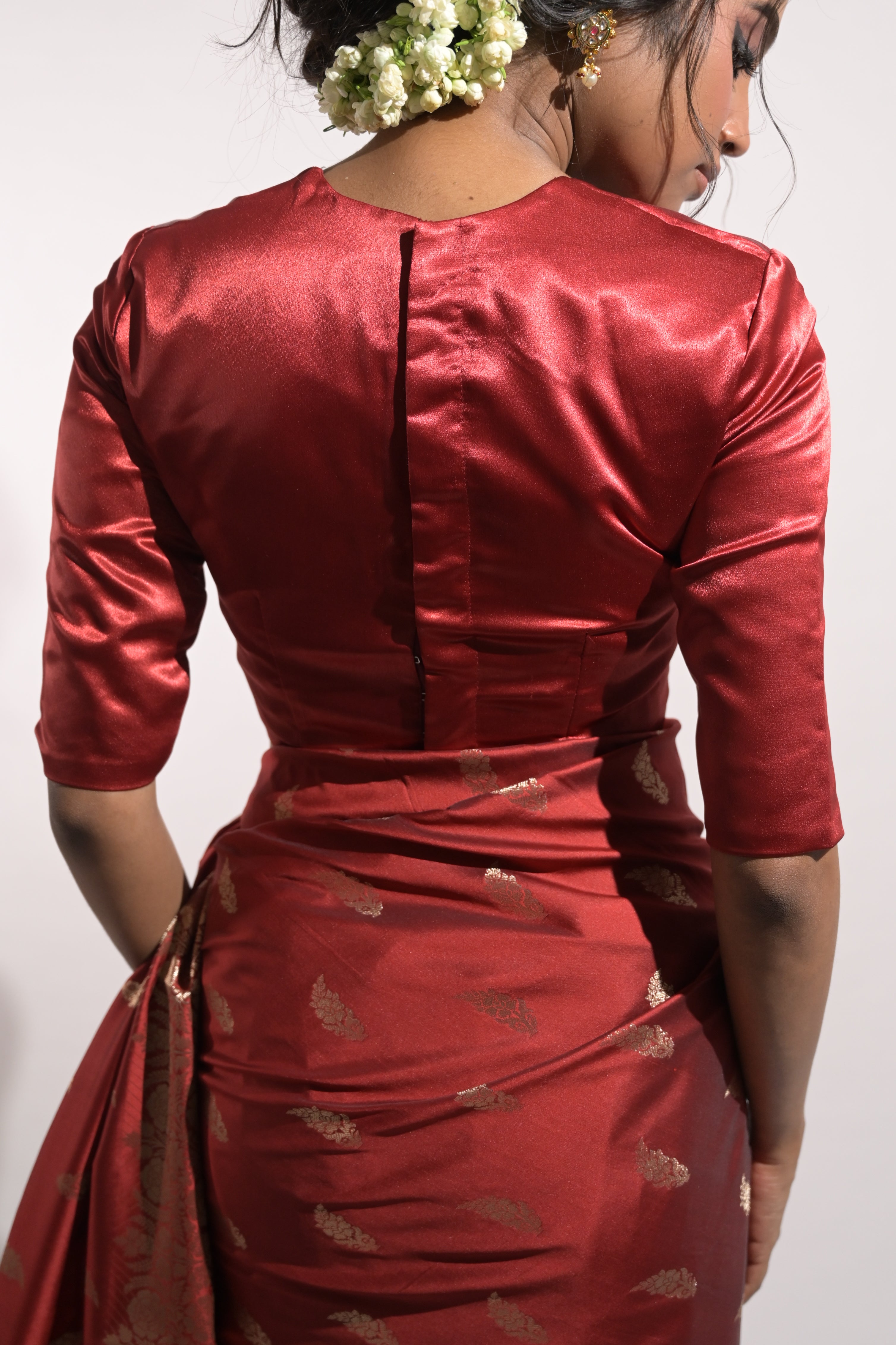 Veda I Red Satin Silk Blouse with Sweet-Heart Neckline