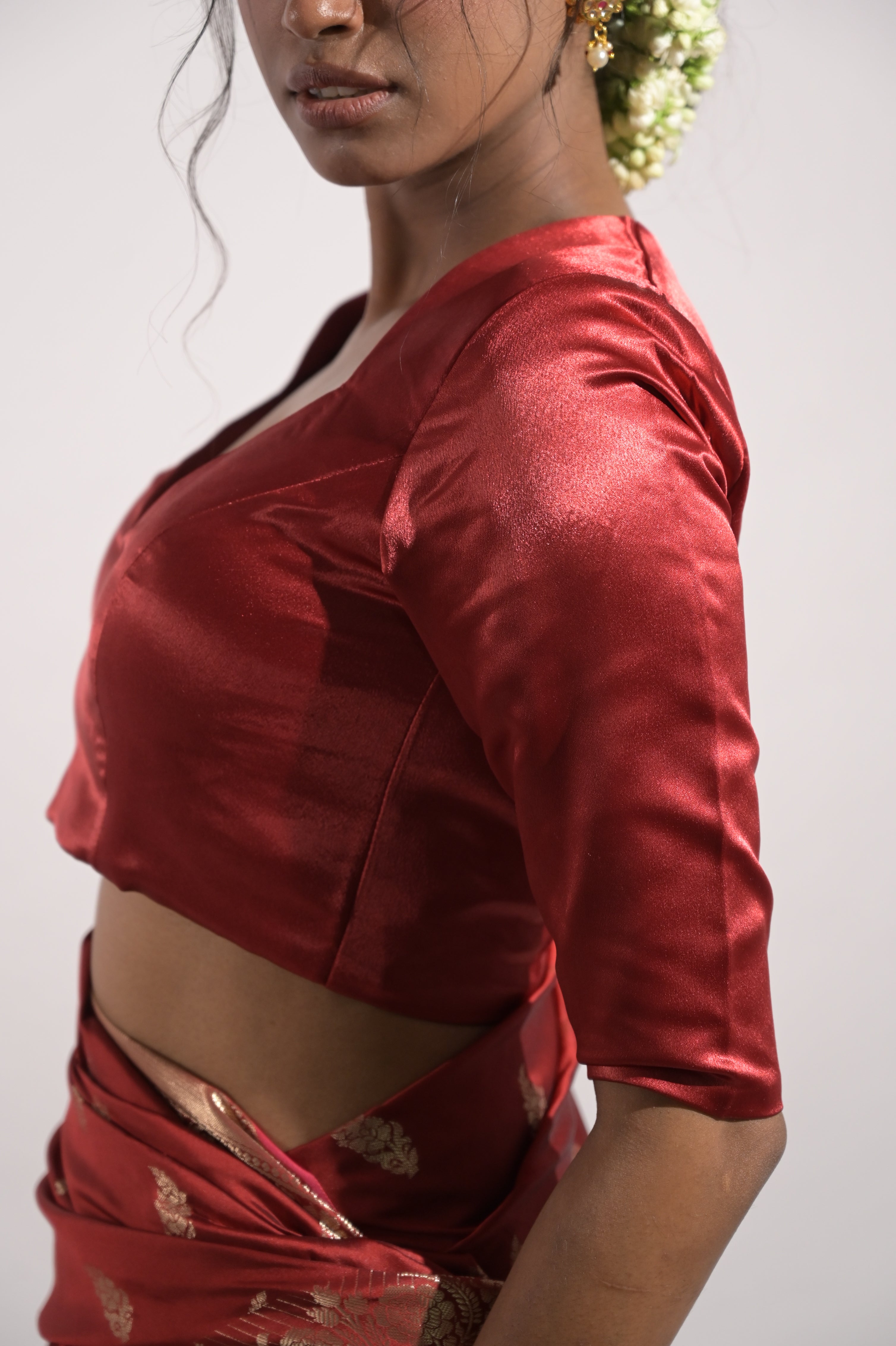 Veda I Red Satin Silk Blouse with Sweet-Heart Neckline