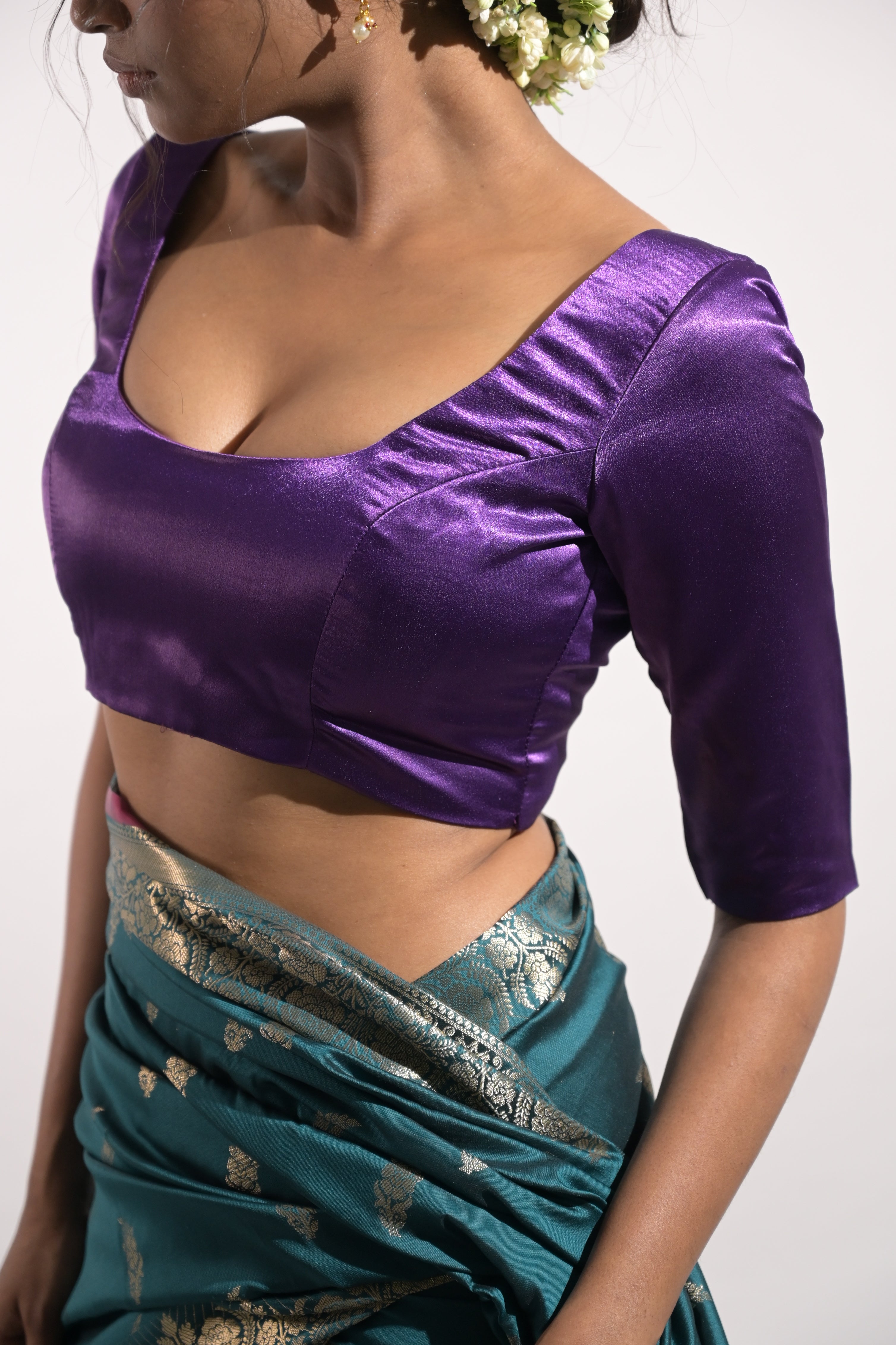 Aarini I Violet Satin Silk Blouse with Round Neckline