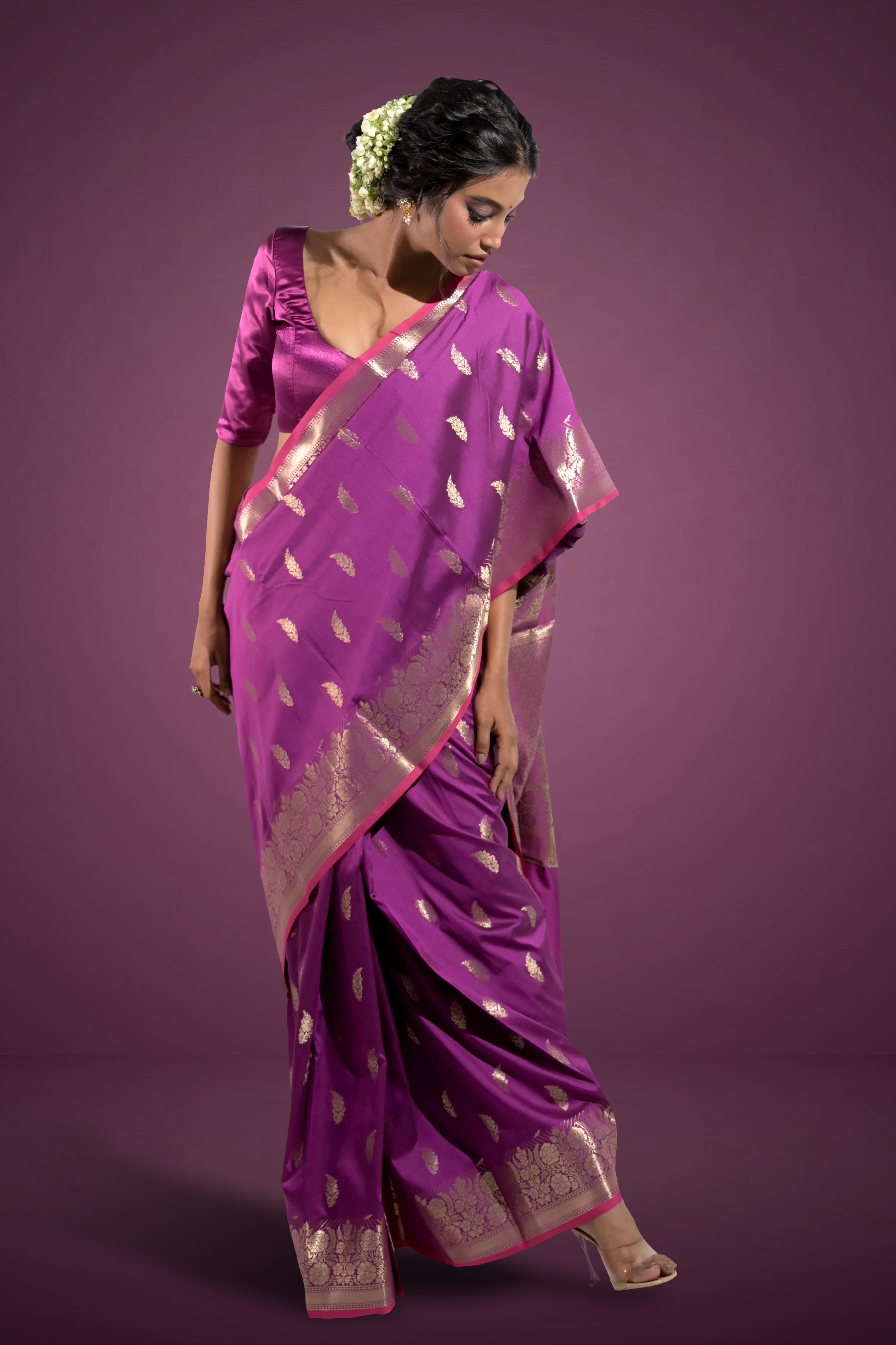 Roshan Jhalak I Purple Handloom Silk Banarasi Saree with floral zari border and Butis