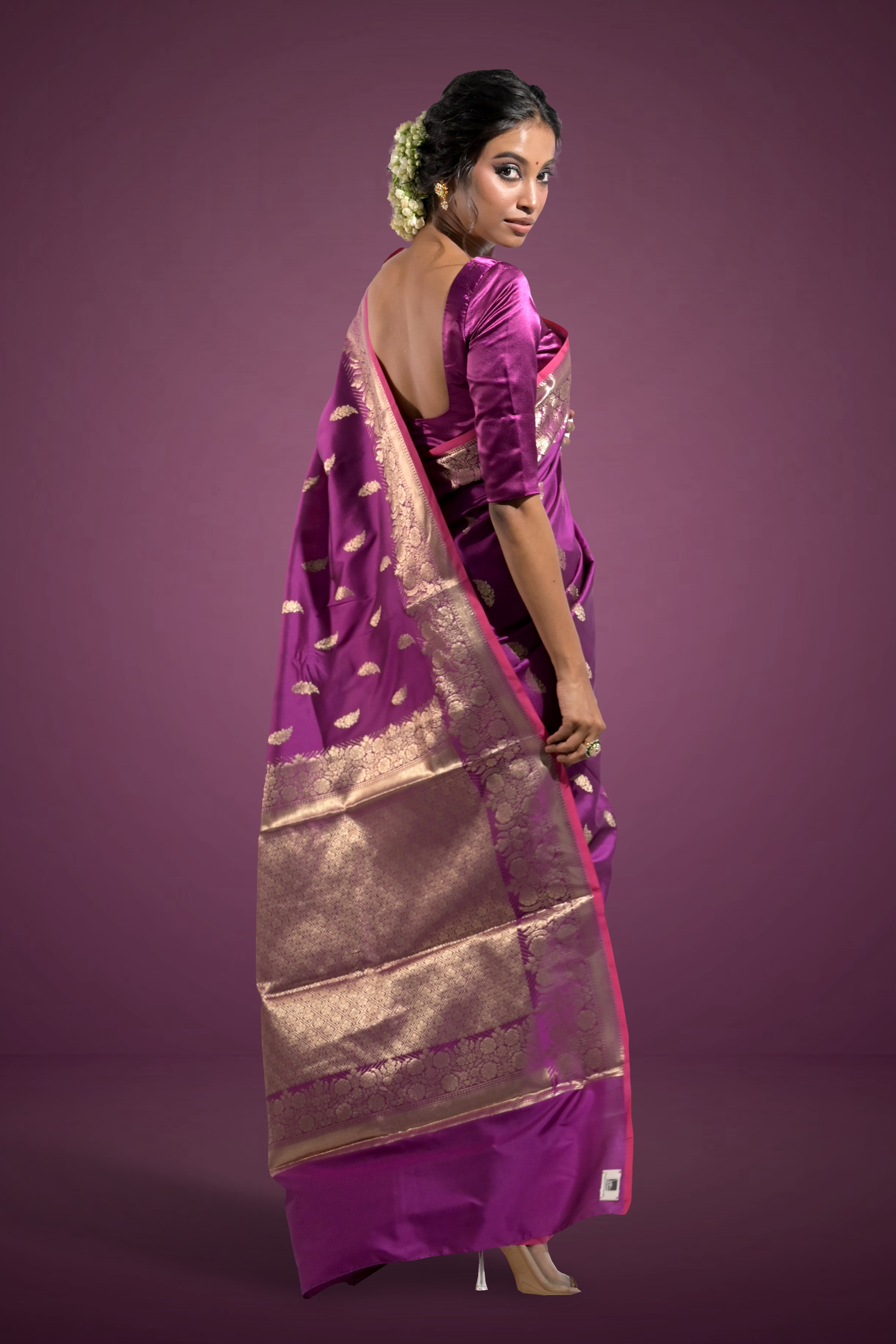 Roshan Jhalak I Purple Handloom Silk Banarasi Saree with floral zari border and Butis
