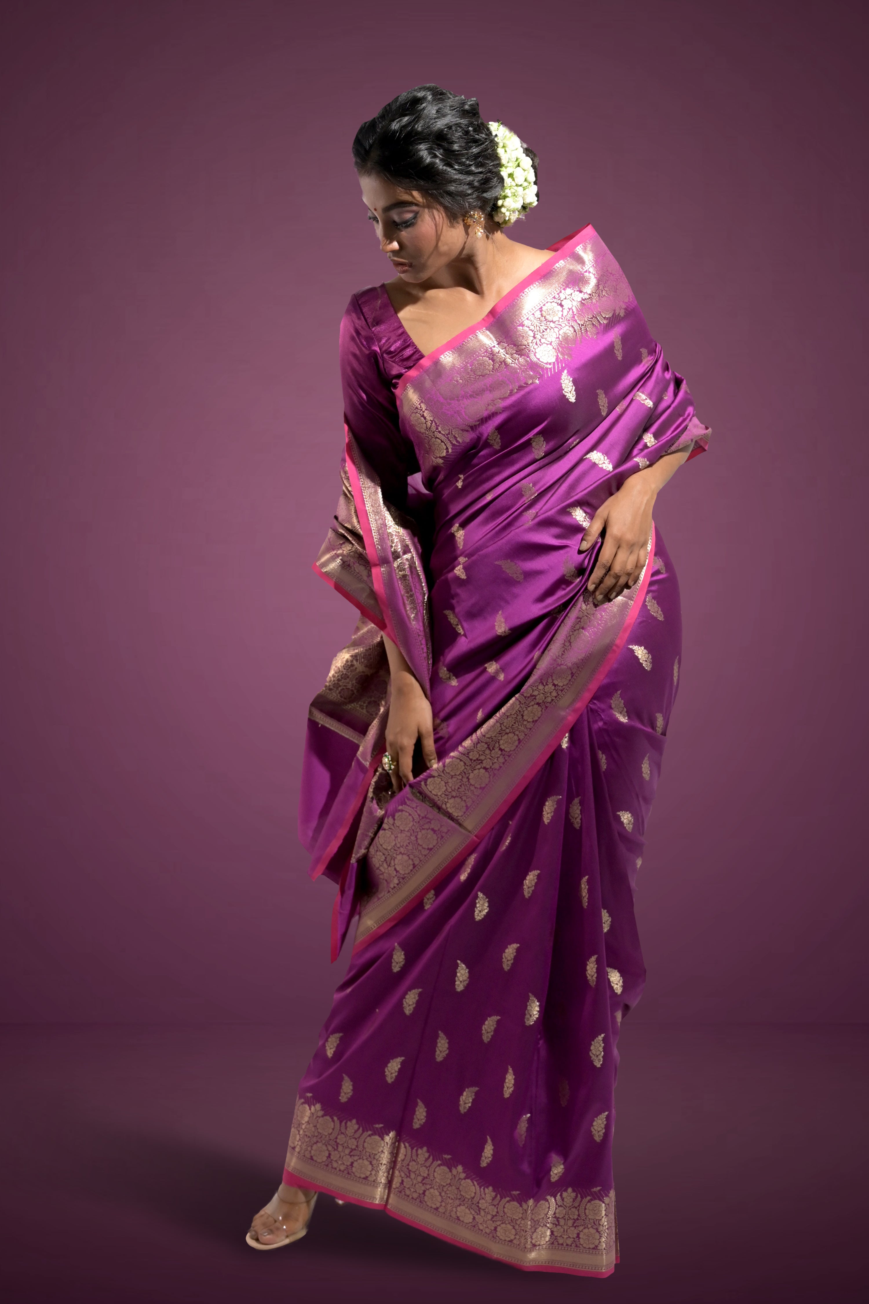 Roshan Jhalak I Purple Handloom Silk Banarasi Saree with floral zari border and Butis